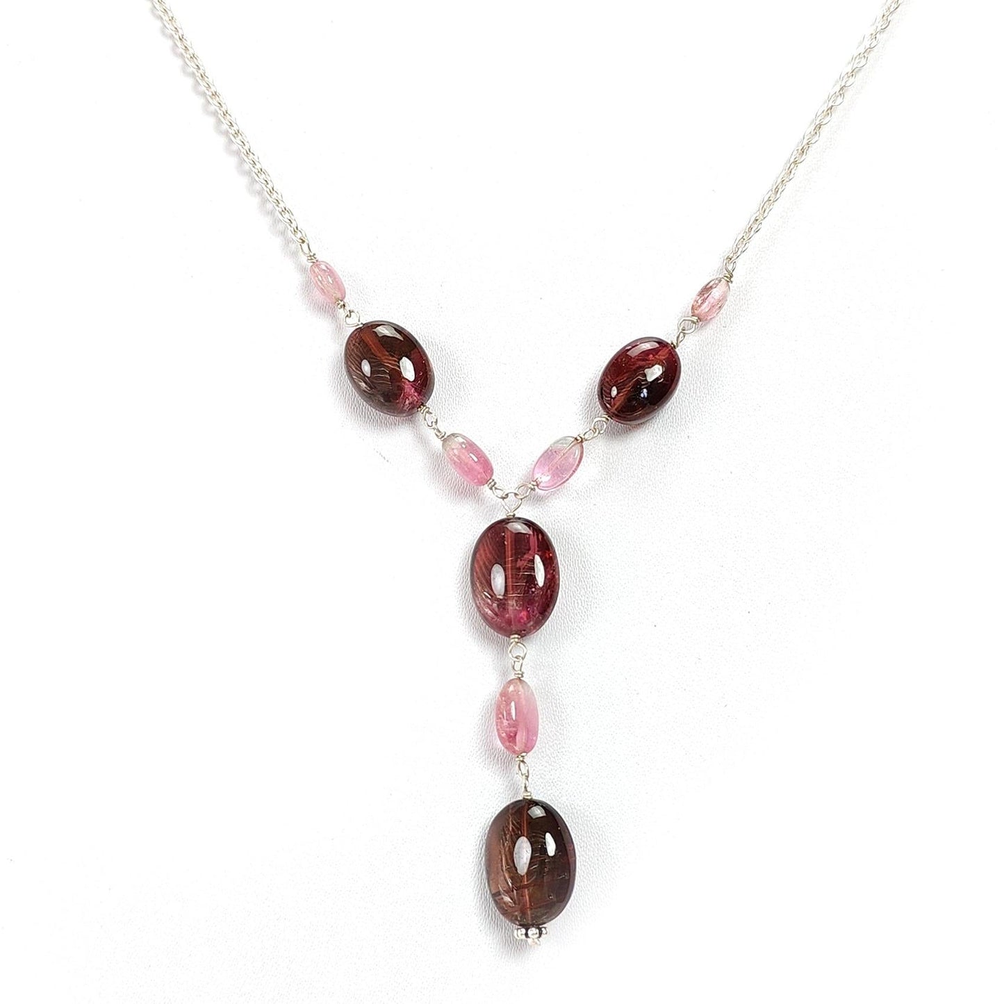 Rubellite Pink Tourmaline Beads Chain Necklace: 50.60cts Natural Untreated Tourmaline 925 Sterling Silver Plain 22"
