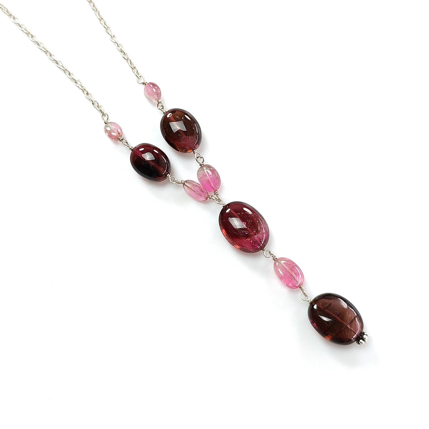 Rubellite Pink Tourmaline Beads Chain Necklace: 50.60cts Natural Untreated Tourmaline 925 Sterling Silver Plain 22"