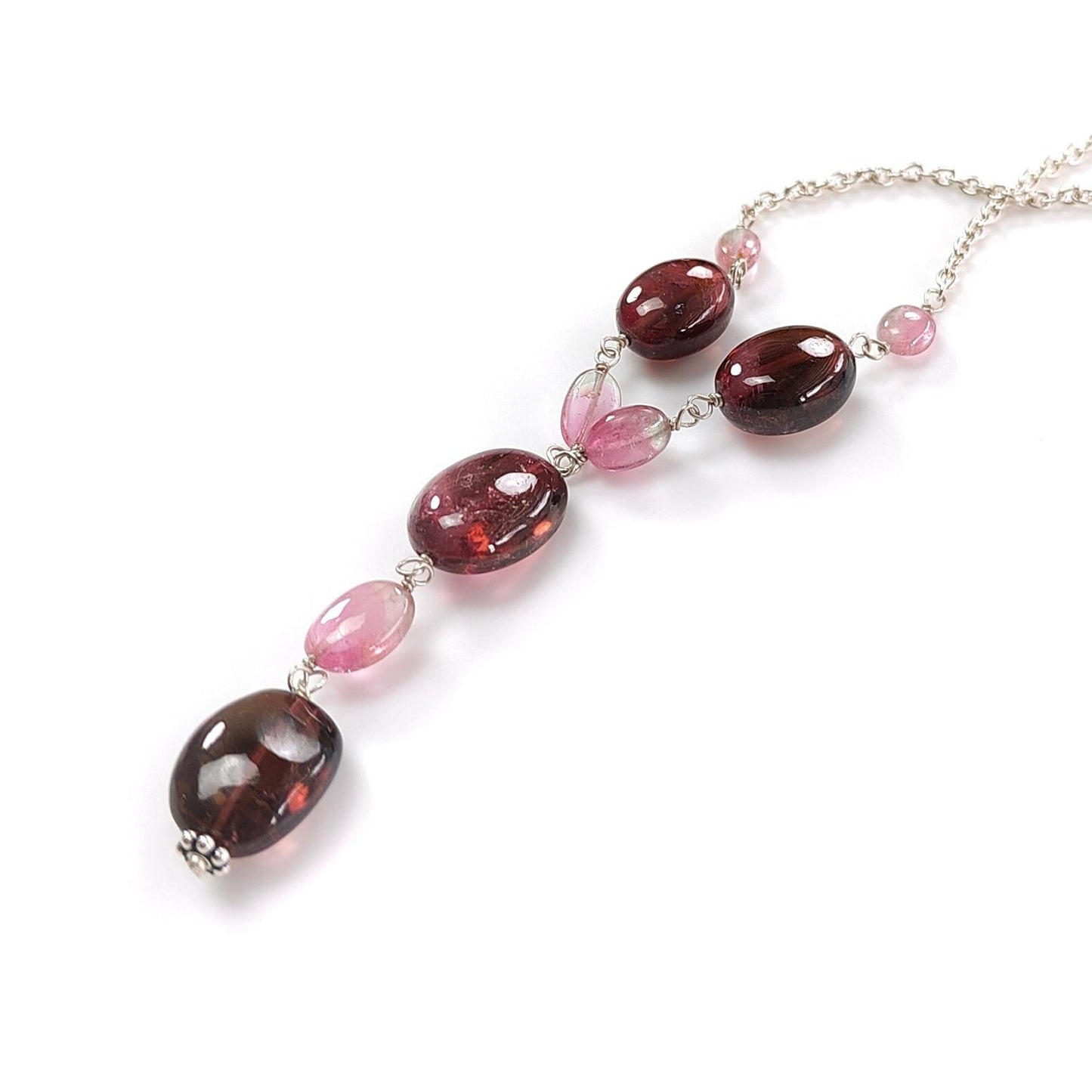 Rubellite Pink Tourmaline Beads Chain Necklace: 50.60cts Natural Untreated Tourmaline 925 Sterling Silver Plain 22"