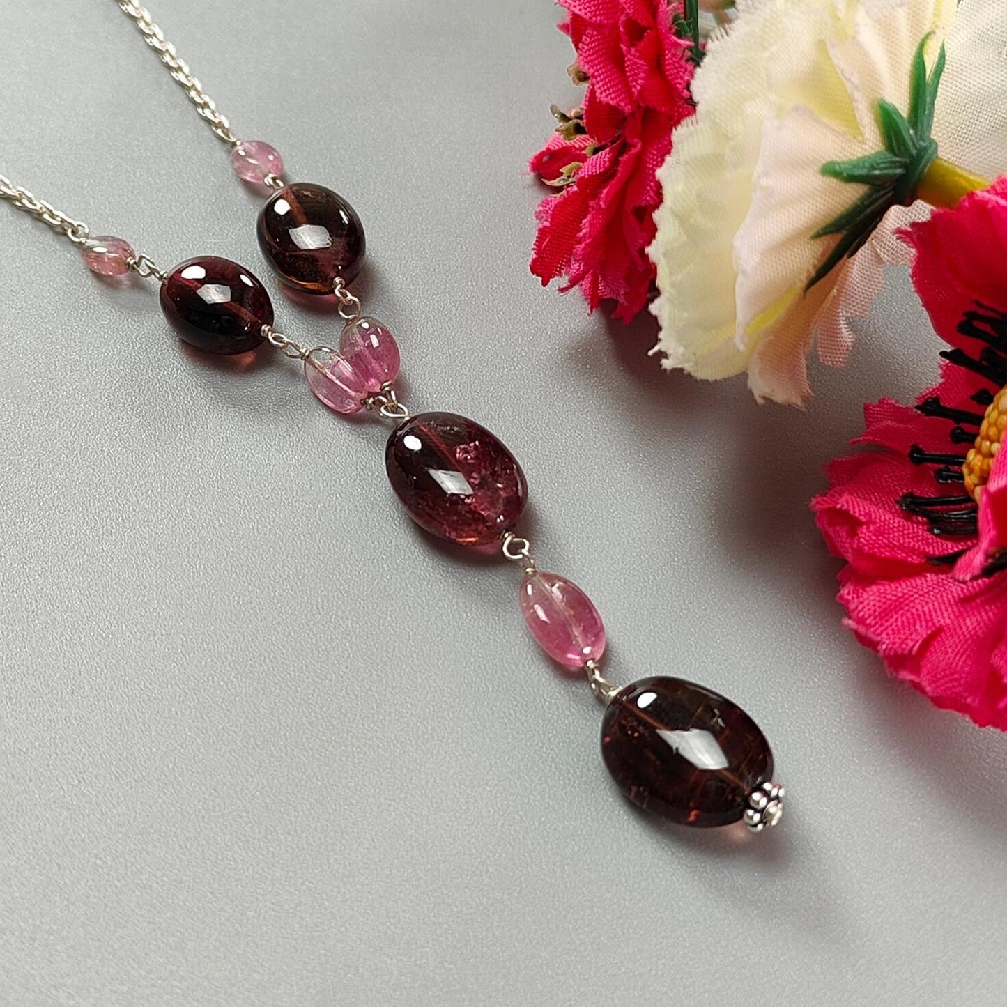 Rubellite Pink Tourmaline Beads Chain Necklace: 50.60cts Natural Untreated Tourmaline 925 Sterling Silver Plain 22"