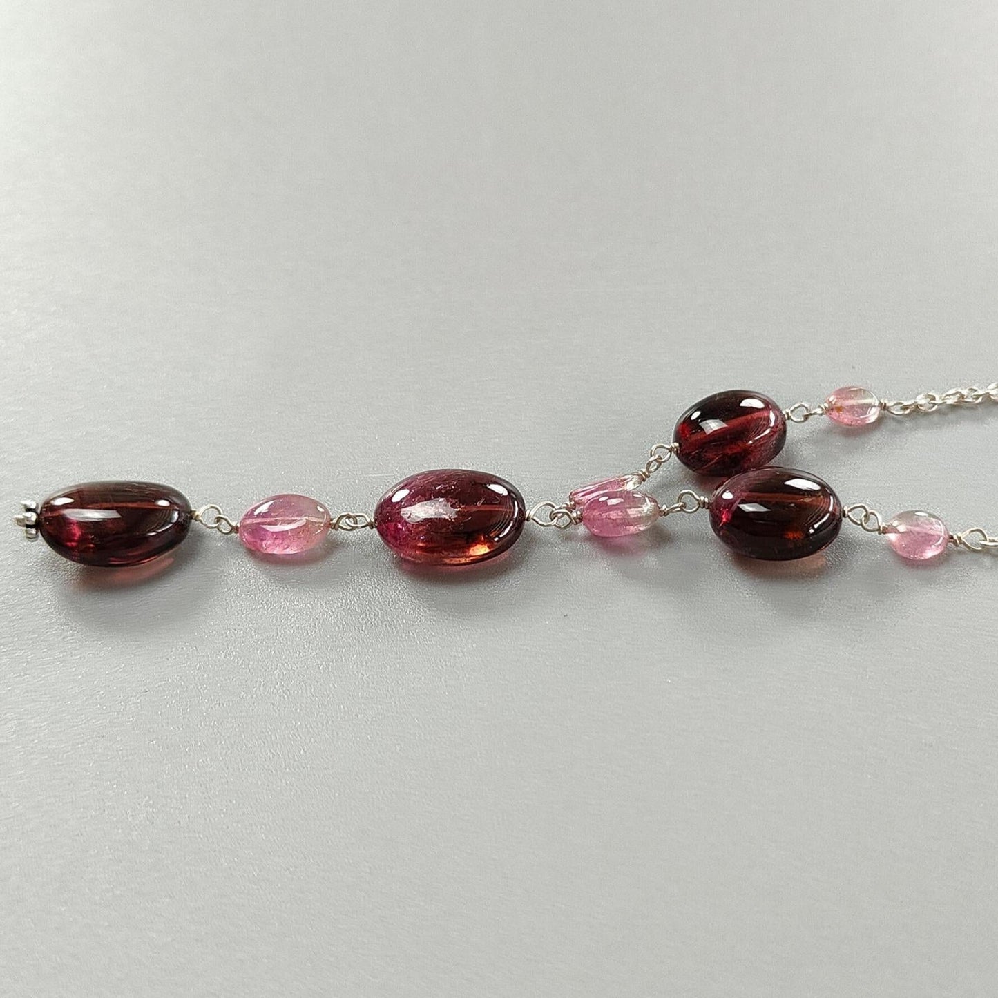 Rubellite Pink Tourmaline Beads Chain Necklace: 50.60cts Natural Untreated Tourmaline 925 Sterling Silver Plain 22"