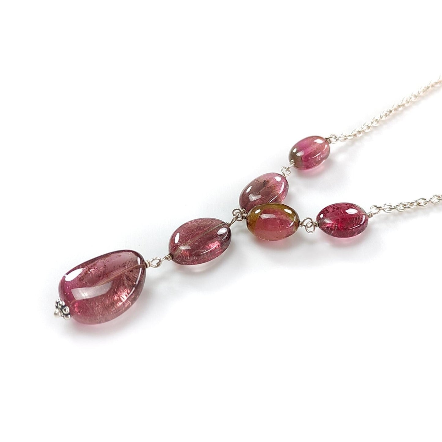 Rubellite Pink Tourmaline Beads Chain Necklace: 52.00cts Natural Untreated Tourmaline 925 Sterling Silver Plain Oval 10*7.5mm - 15*12mm 22"