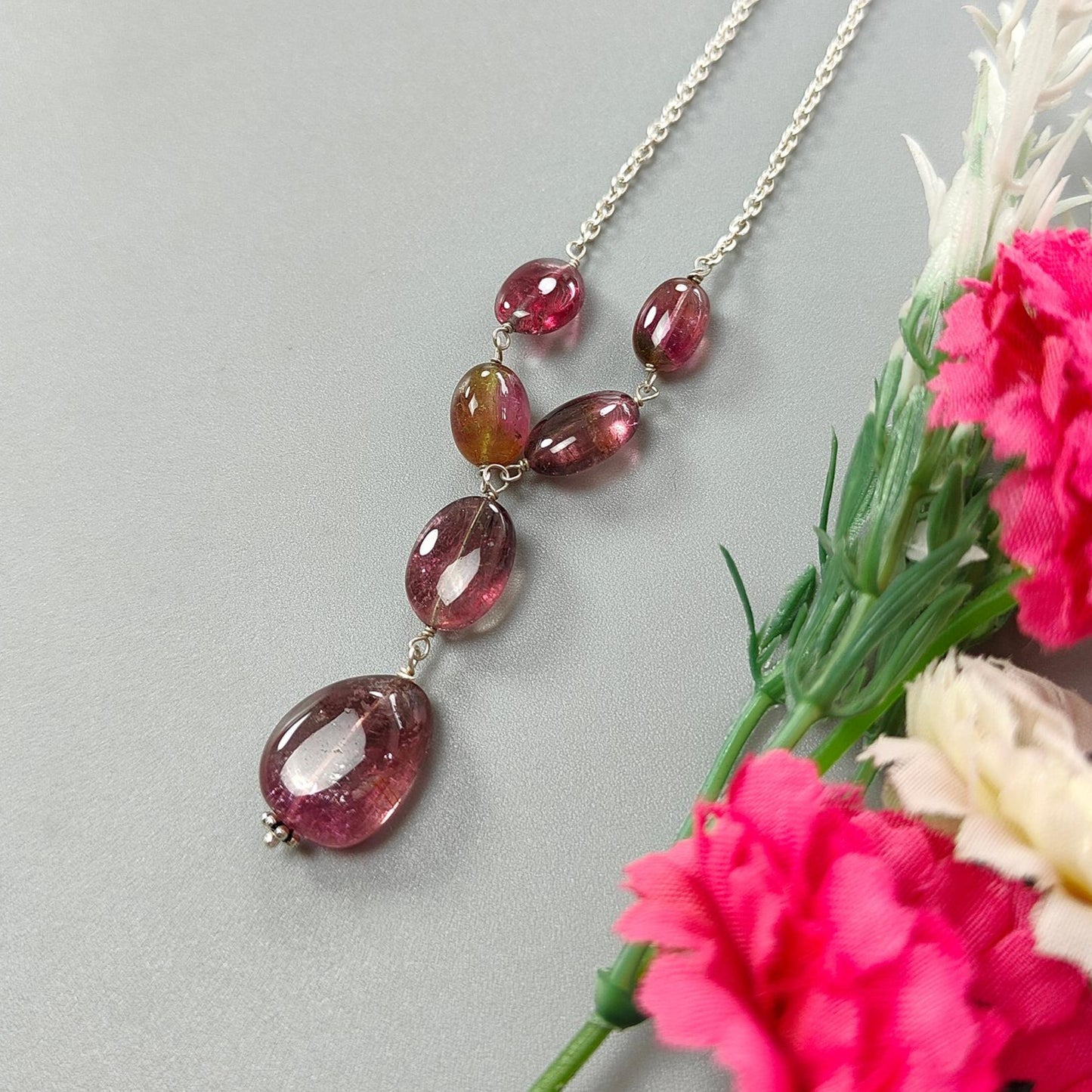 Rubellite Pink Tourmaline Beads Chain Necklace: 52.00cts Natural Untreated Tourmaline 925 Sterling Silver Plain Oval 10*7.5mm - 15*12mm 22"