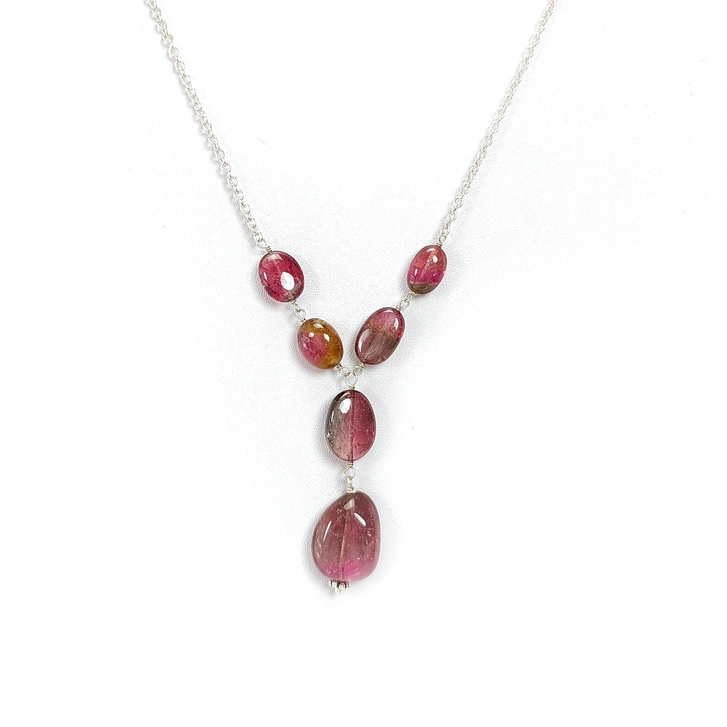 Rubellite Pink Tourmaline Beads Chain Necklace: 52.00cts Natural Untreated Tourmaline 925 Sterling Silver Plain Oval 10*7.5mm - 15*12mm 22"
