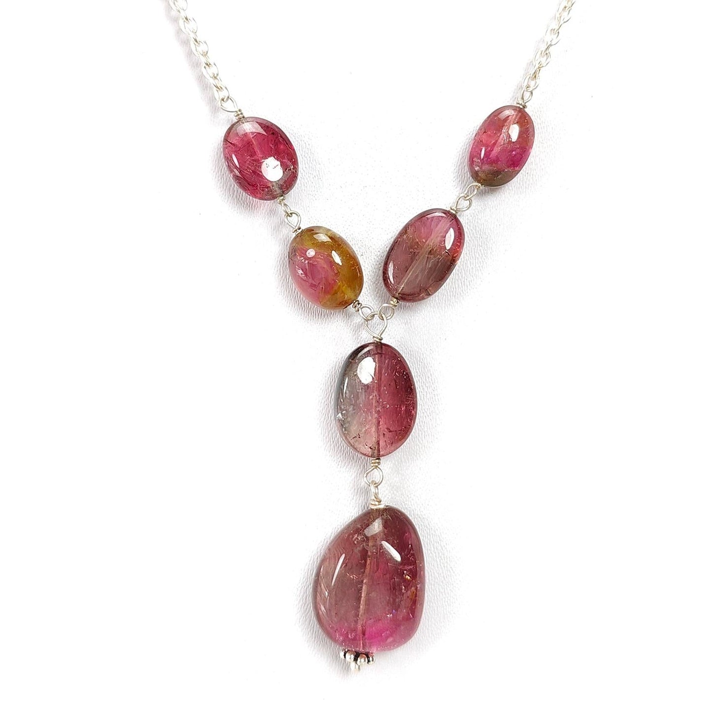 Rubellite Pink Tourmaline Beads Chain Necklace: 52.00cts Natural Untreated Tourmaline 925 Sterling Silver Plain Oval 10*7.5mm - 15*12mm 22"