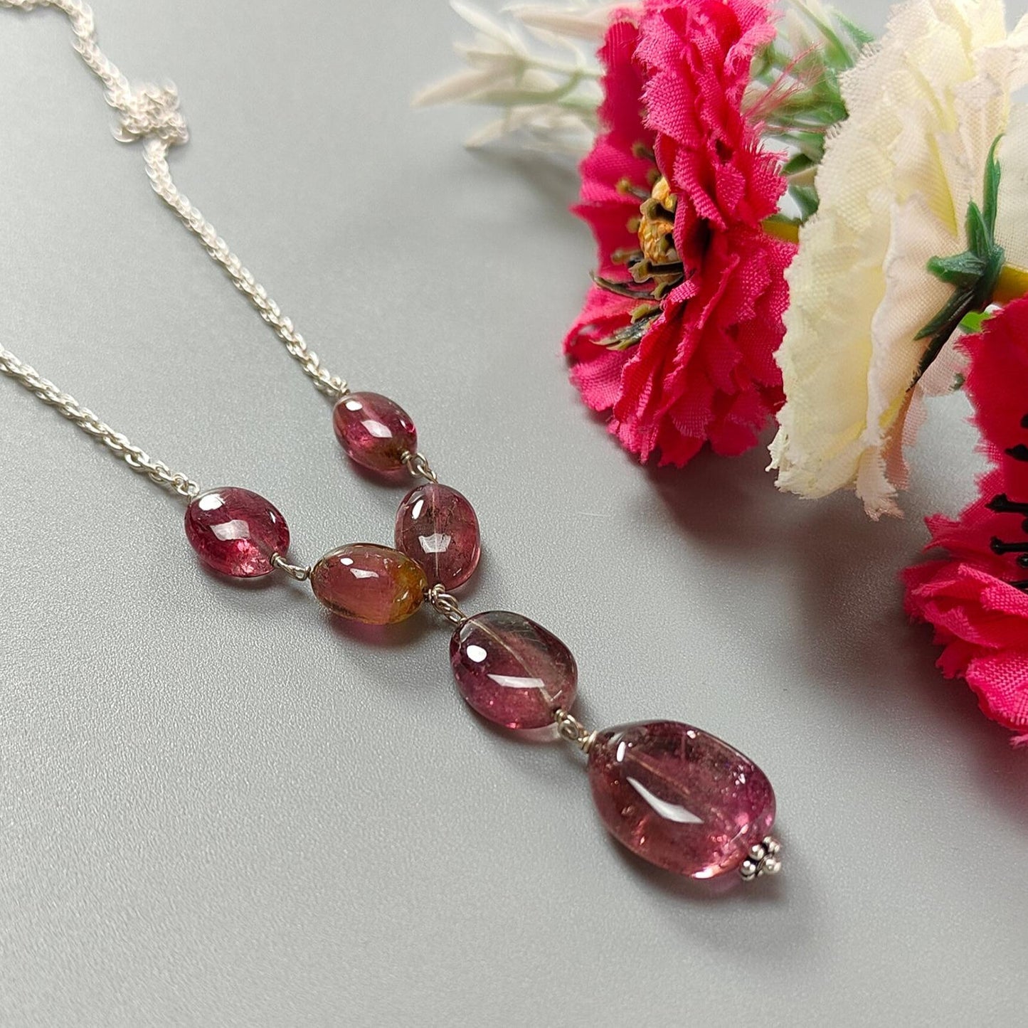 Rubellite Pink Tourmaline Beads Chain Necklace: 52.00cts Natural Untreated Tourmaline 925 Sterling Silver Plain Oval 10*7.5mm - 15*12mm 22"