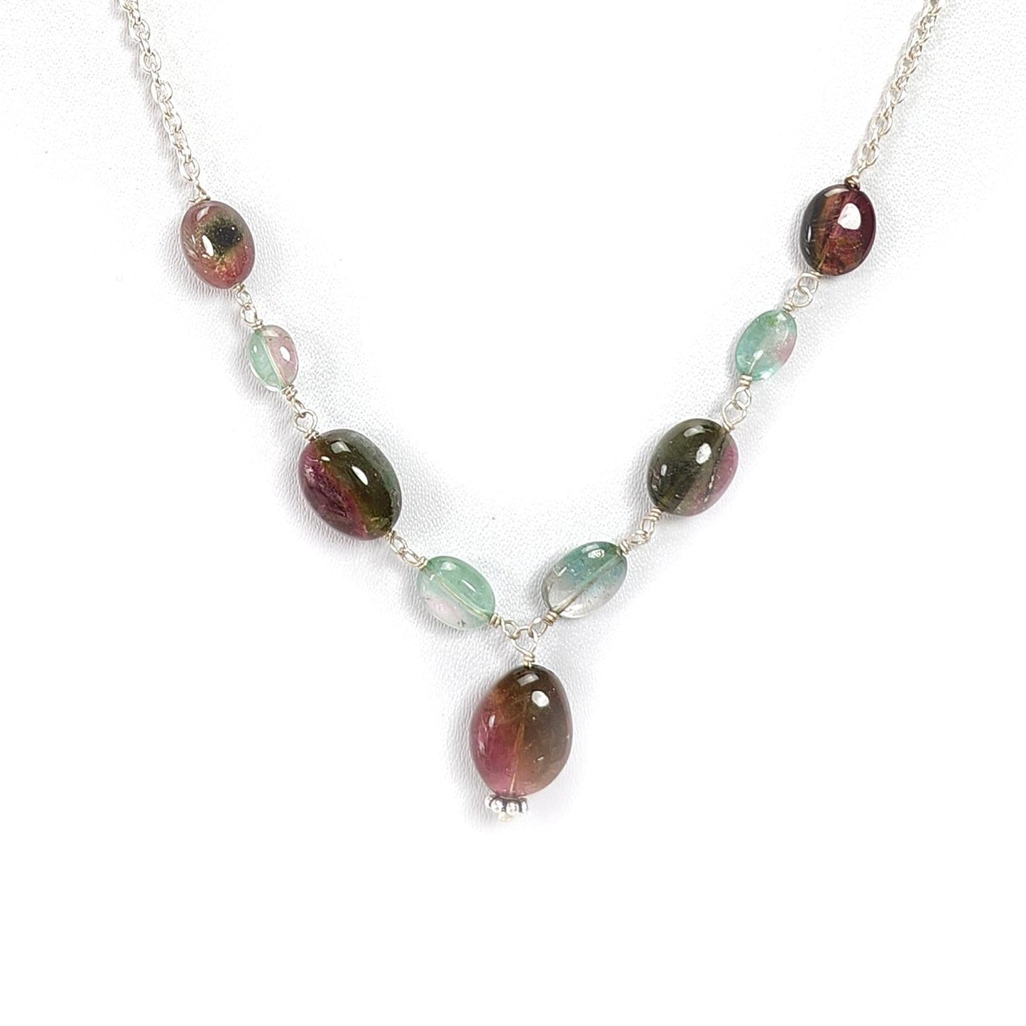 Watermelon Tourmaline Beads Chain Necklace: 38.00cts Natural Untreated Tourmaline 925 Sterling Silver Plain Oval 6*4mm - 11*9mm 21"