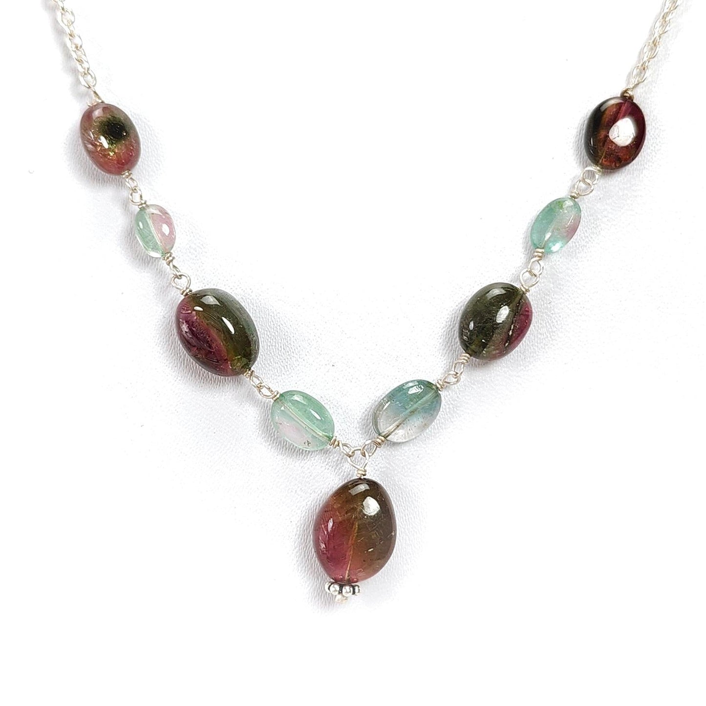 Watermelon Tourmaline Beads Chain Necklace: 38.00cts Natural Untreated Tourmaline 925 Sterling Silver Plain Oval 6*4mm - 11*9mm 21"