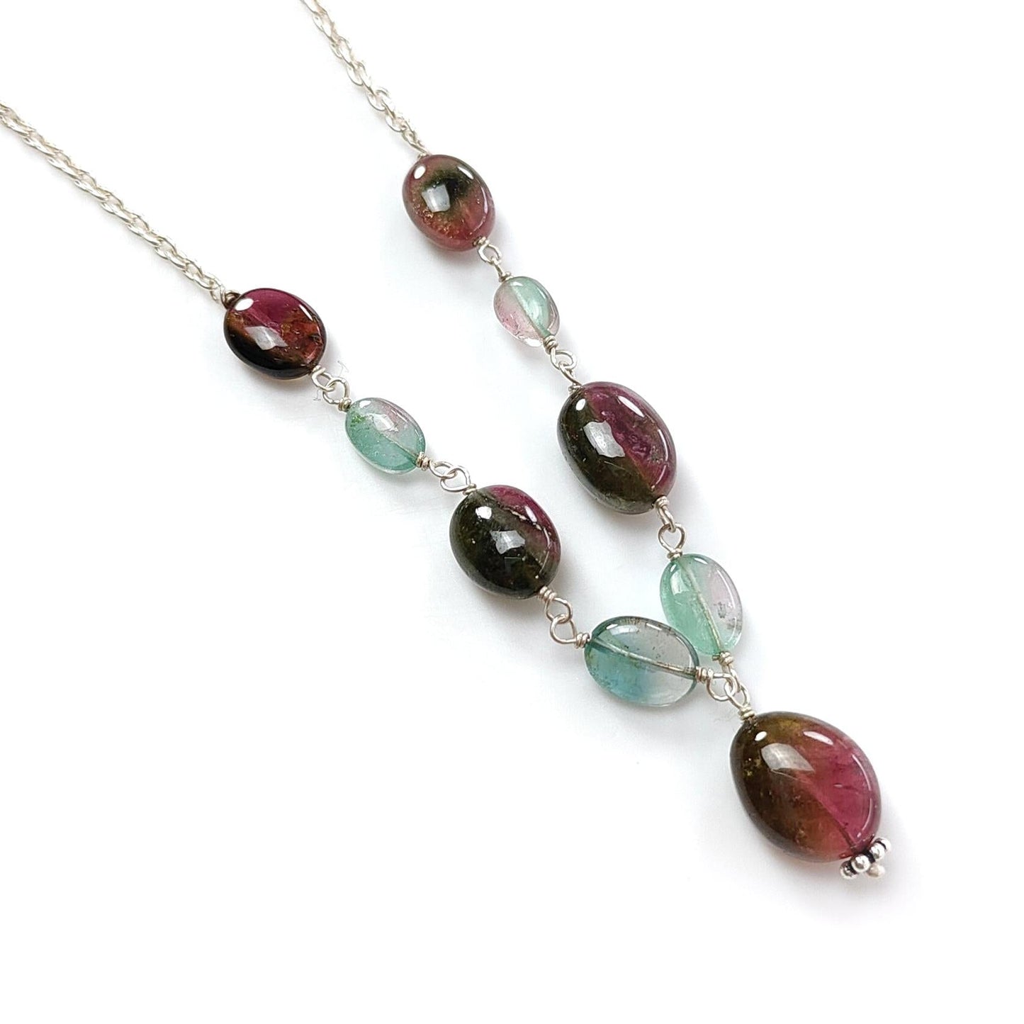 Watermelon Tourmaline Beads Chain Necklace: 38.00cts Natural Untreated Tourmaline 925 Sterling Silver Plain Oval 6*4mm - 11*9mm 21"