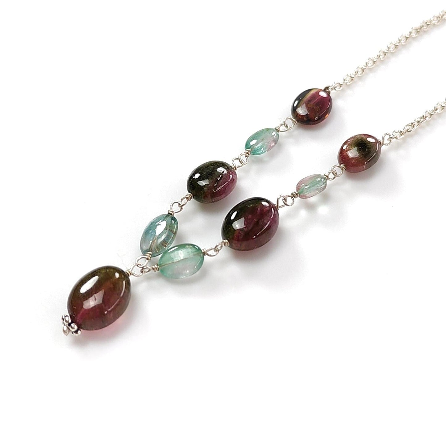 Watermelon Tourmaline Beads Chain Necklace: 38.00cts Natural Untreated Tourmaline 925 Sterling Silver Plain Oval 6*4mm - 11*9mm 21"