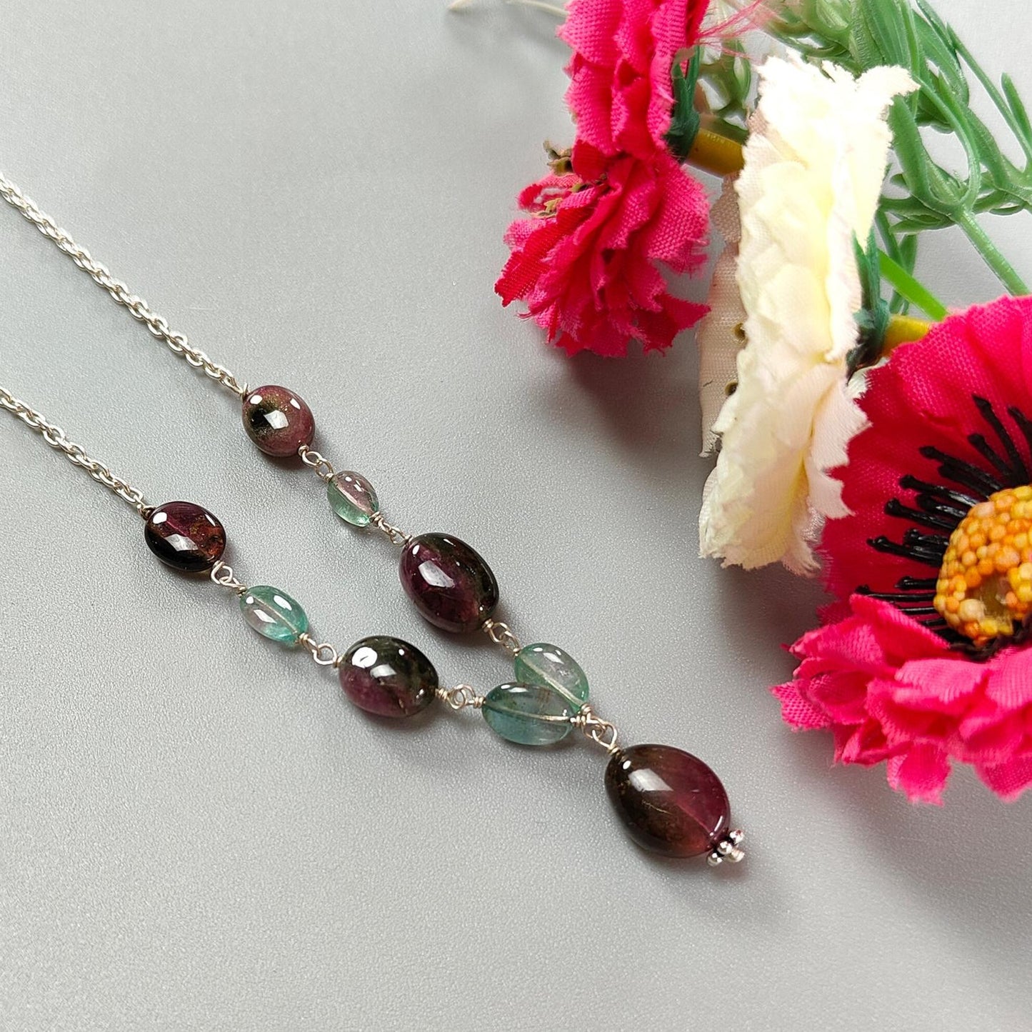 Watermelon Tourmaline Beads Chain Necklace: 38.00cts Natural Untreated Tourmaline 925 Sterling Silver Plain Oval 6*4mm - 11*9mm 21"