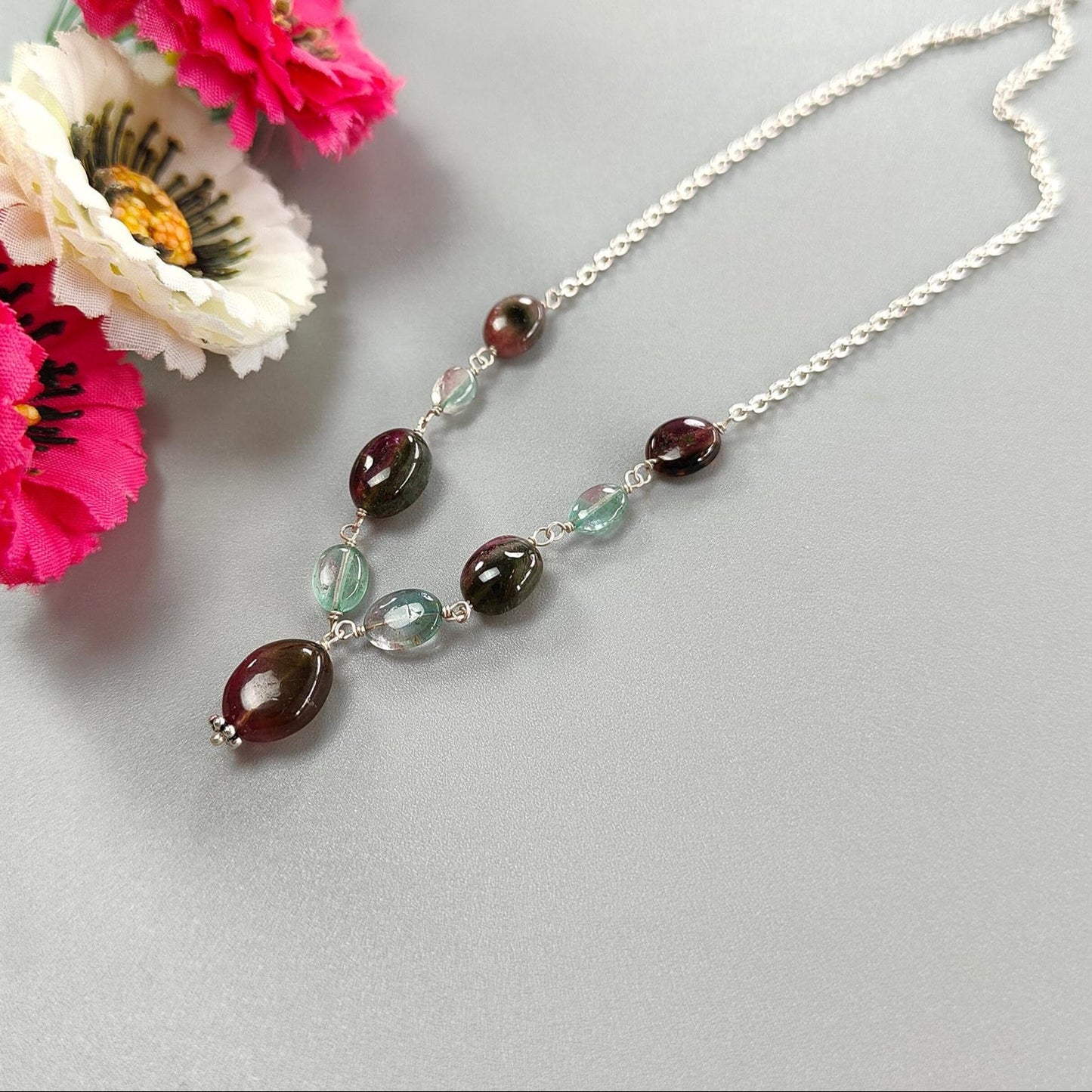 Watermelon Tourmaline Beads Chain Necklace: 38.00cts Natural Untreated Tourmaline 925 Sterling Silver Plain Oval 6*4mm - 11*9mm 21"