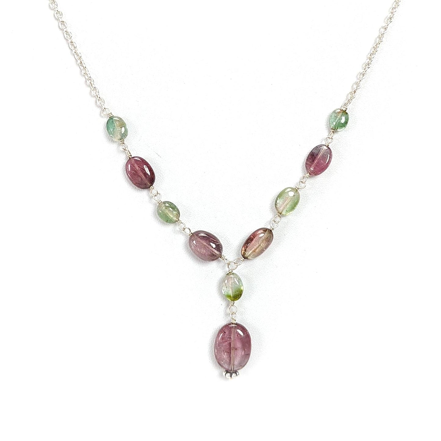 Watermelon Tourmaline Beads Chain Necklace: 35.50cts Natural Untreated Tourmaline 925 Sterling Silver Plain Oval 22"