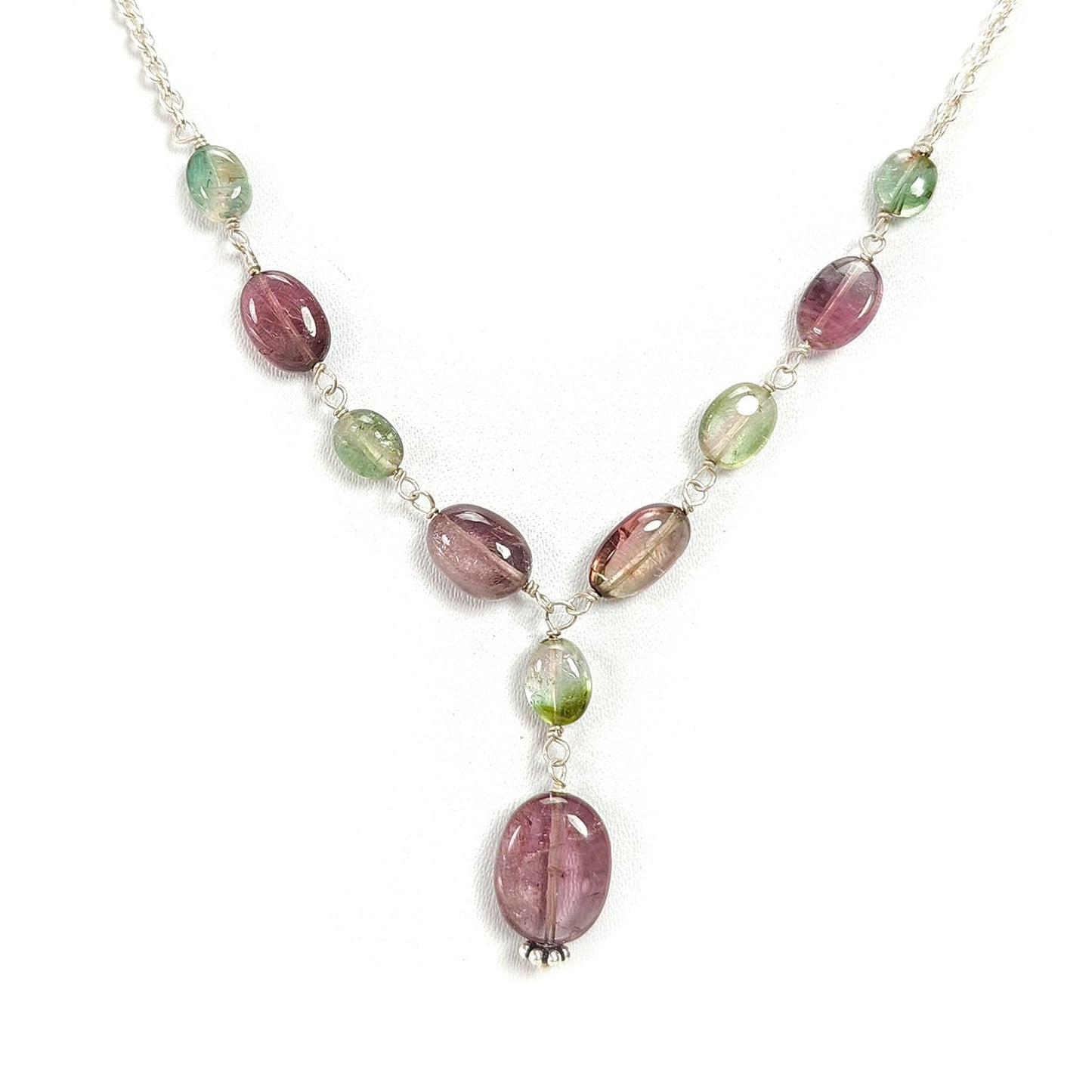 Watermelon Tourmaline Beads Chain Necklace: 35.50cts Natural Untreated Tourmaline 925 Sterling Silver Plain Oval 22"