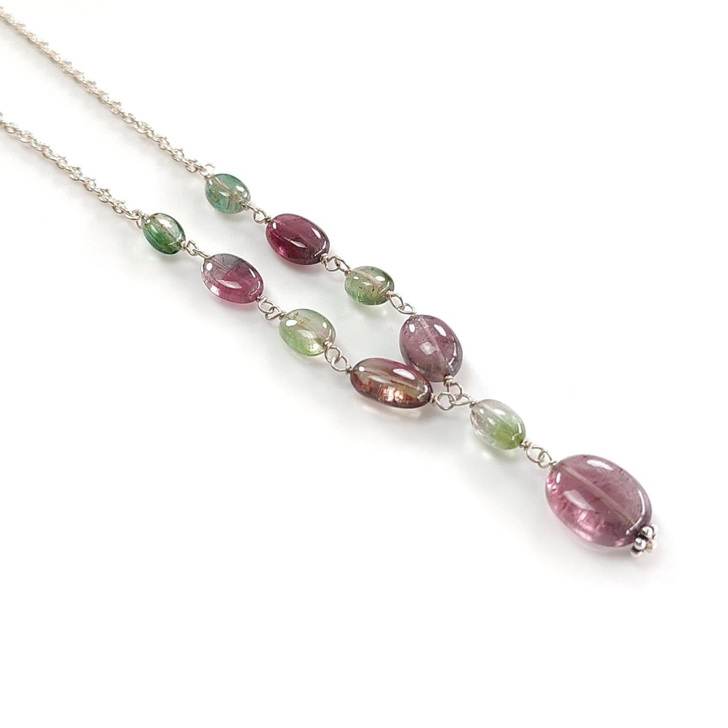 Watermelon Tourmaline Beads Chain Necklace: 35.50cts Natural Untreated Tourmaline 925 Sterling Silver Plain Oval 22"