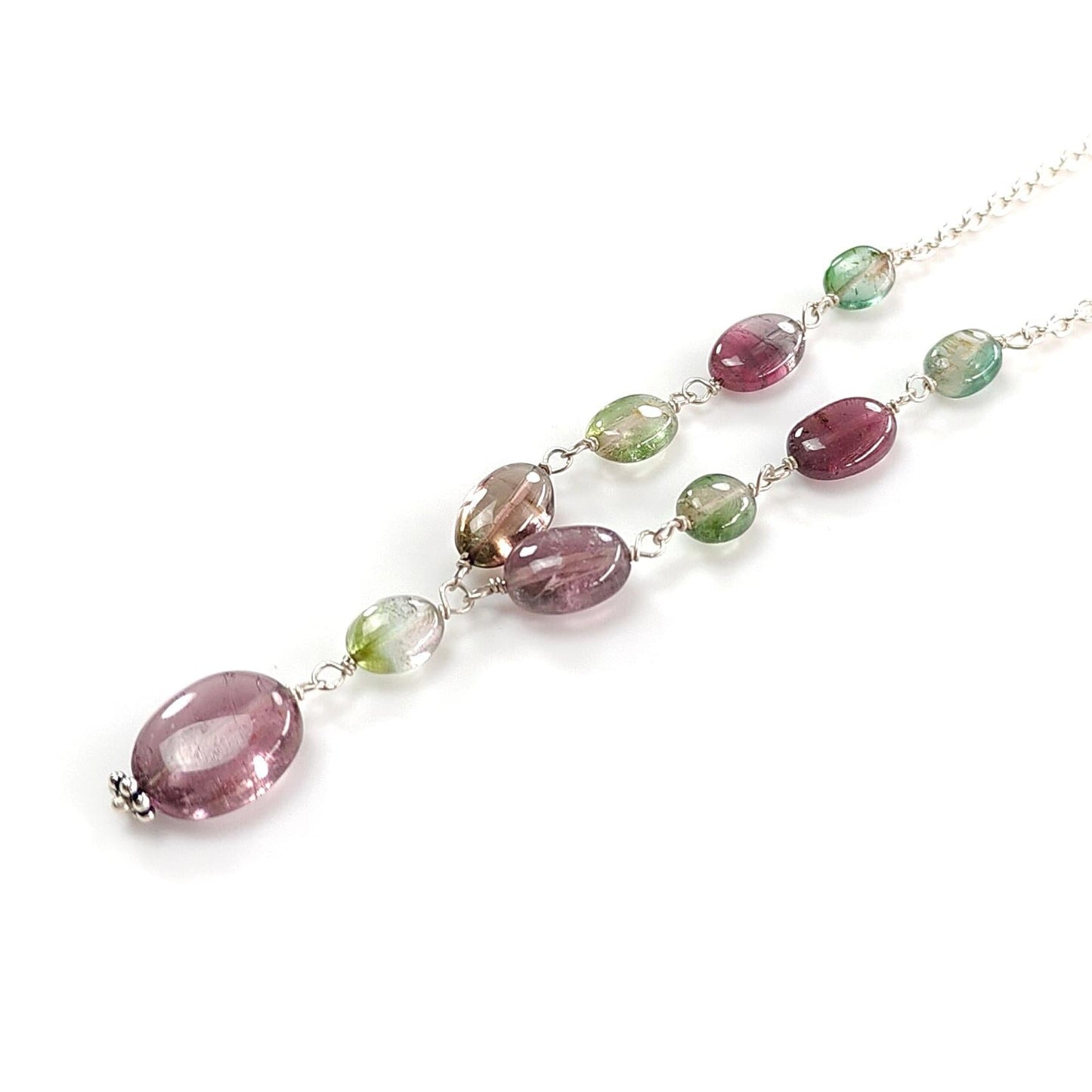 Watermelon Tourmaline Beads Chain Necklace: 35.50cts Natural Untreated Tourmaline 925 Sterling Silver Plain Oval 22"