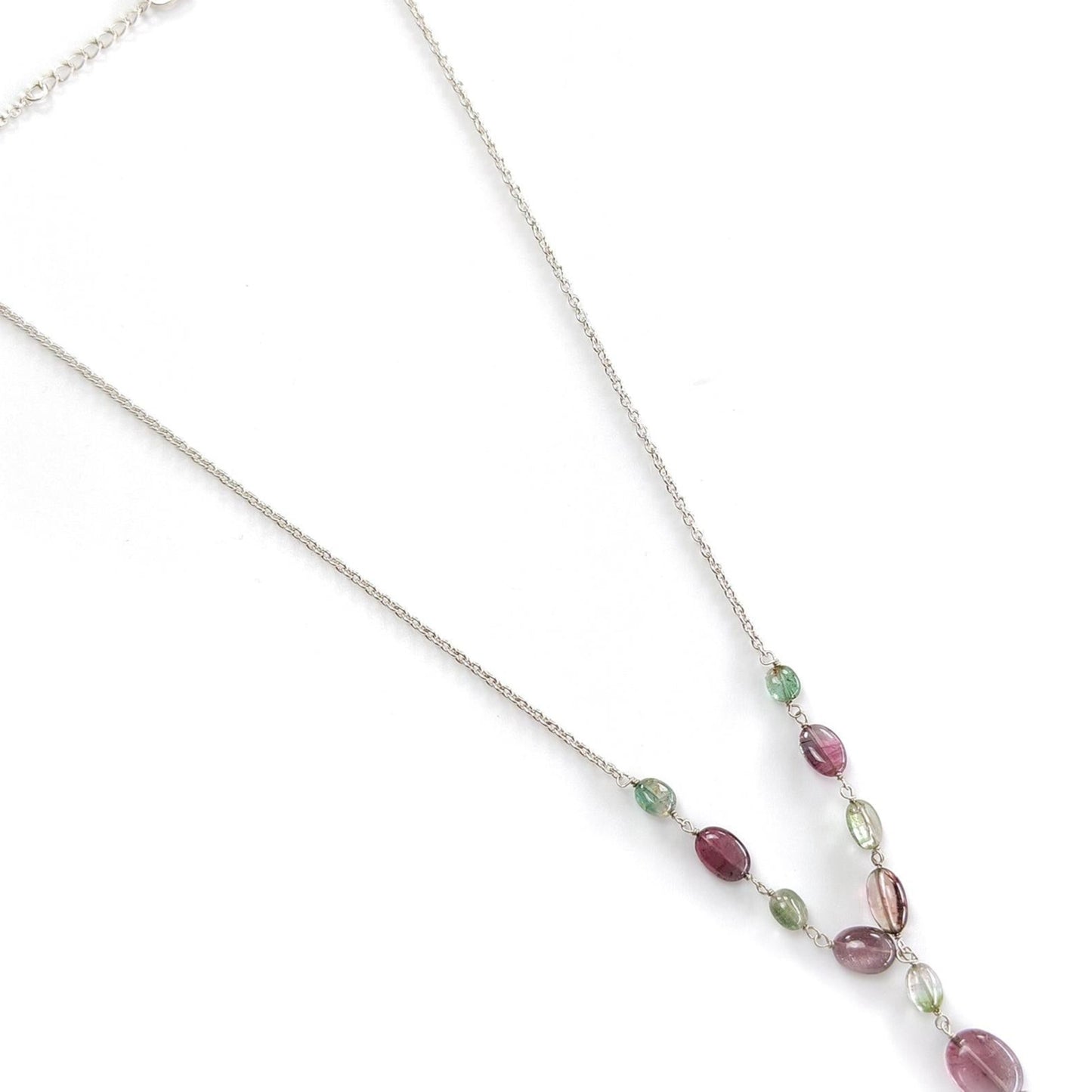 Watermelon Tourmaline Beads Chain Necklace: 35.50cts Natural Untreated Tourmaline 925 Sterling Silver Plain Oval 22"