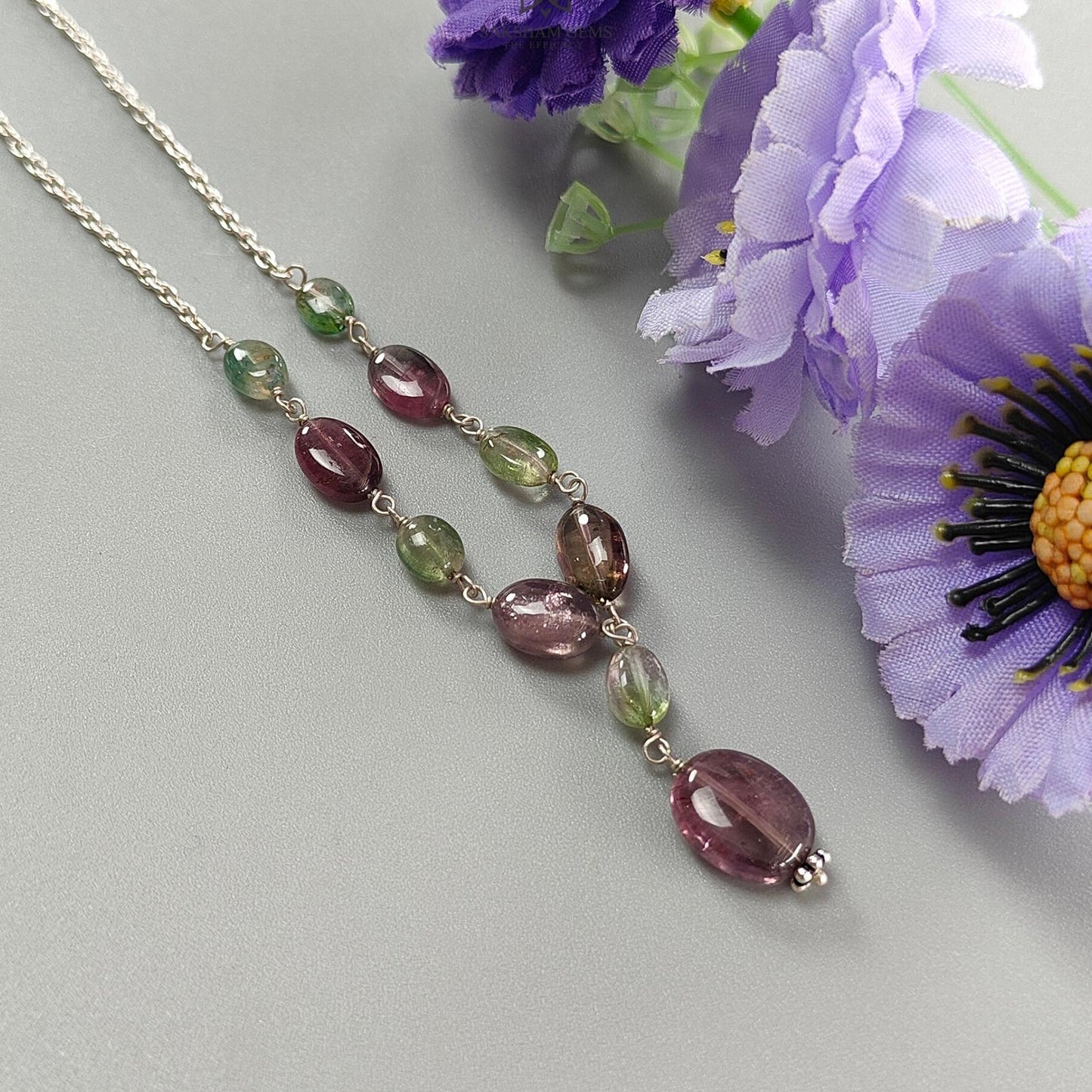 Watermelon Tourmaline Beads Chain Necklace: 35.50cts Natural Untreated Tourmaline 925 Sterling Silver Plain Oval 22"