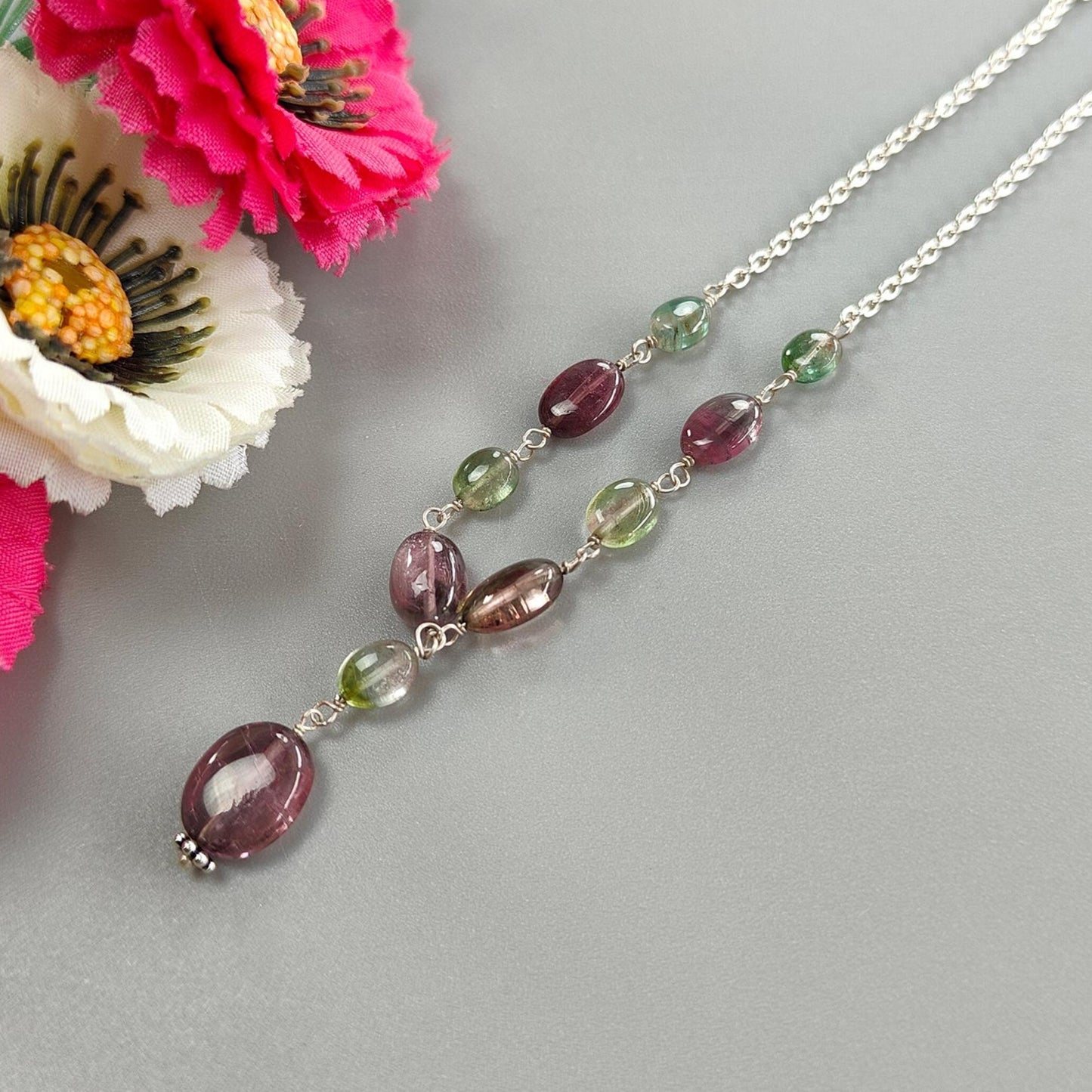 Watermelon Tourmaline Beads Chain Necklace: 35.50cts Natural Untreated Tourmaline 925 Sterling Silver Plain Oval 22"