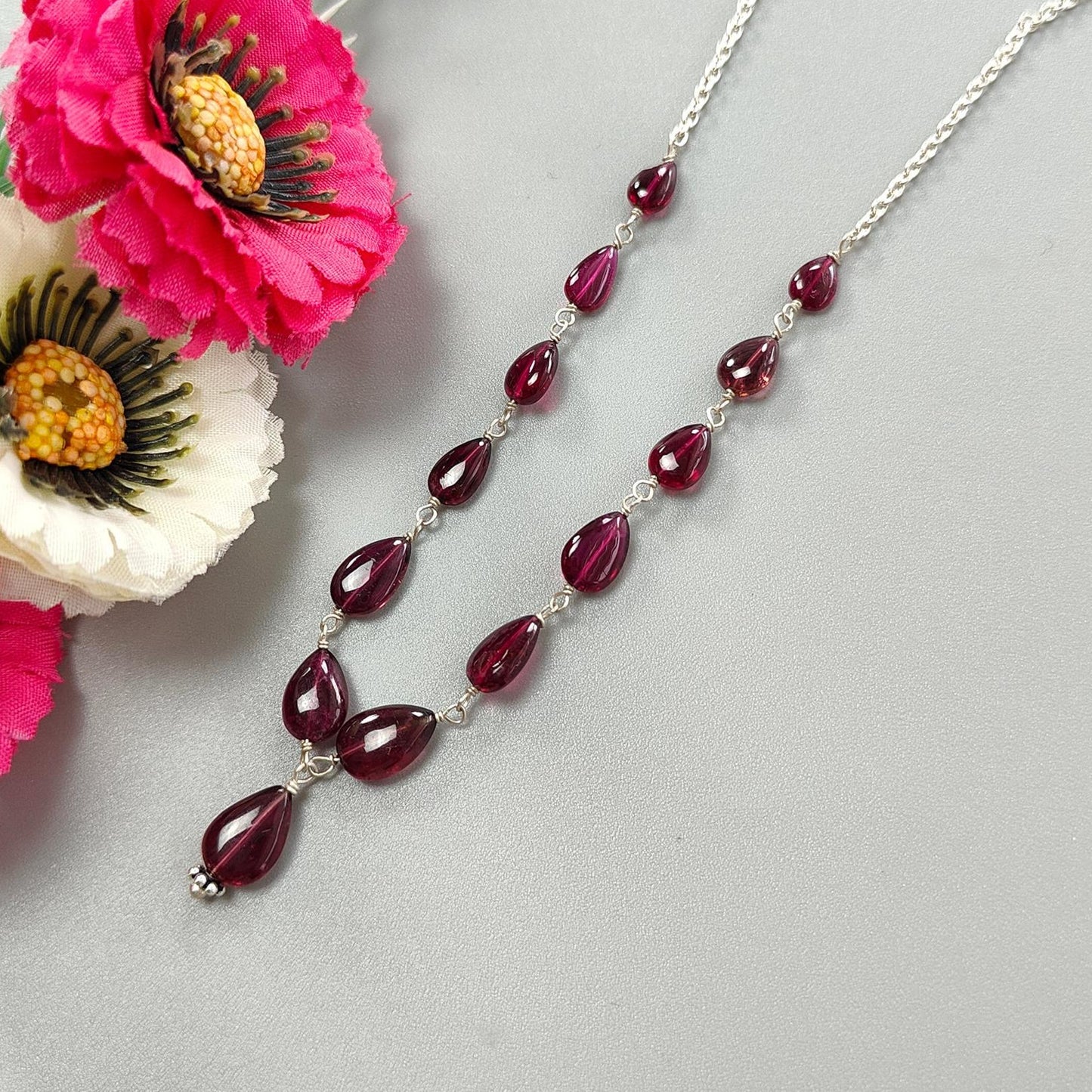 Rubellite Pink Tourmaline Beads Chain Necklace: 34.50cts Natural Untreated Tourmaline 925 Sterling Silver Plain Oval 6*4.5mm - 9*7mm 20"