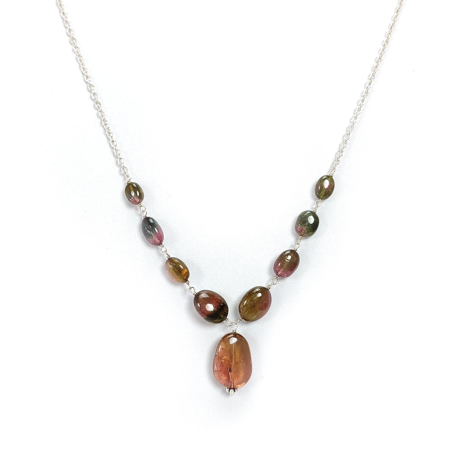 Watermelon Tourmaline Beads Chain Necklace: 49.20cts Natural Untreated Tourmaline 925 Sterling Silver Plain Oval 7*6.5mm - 15*12mm 21"