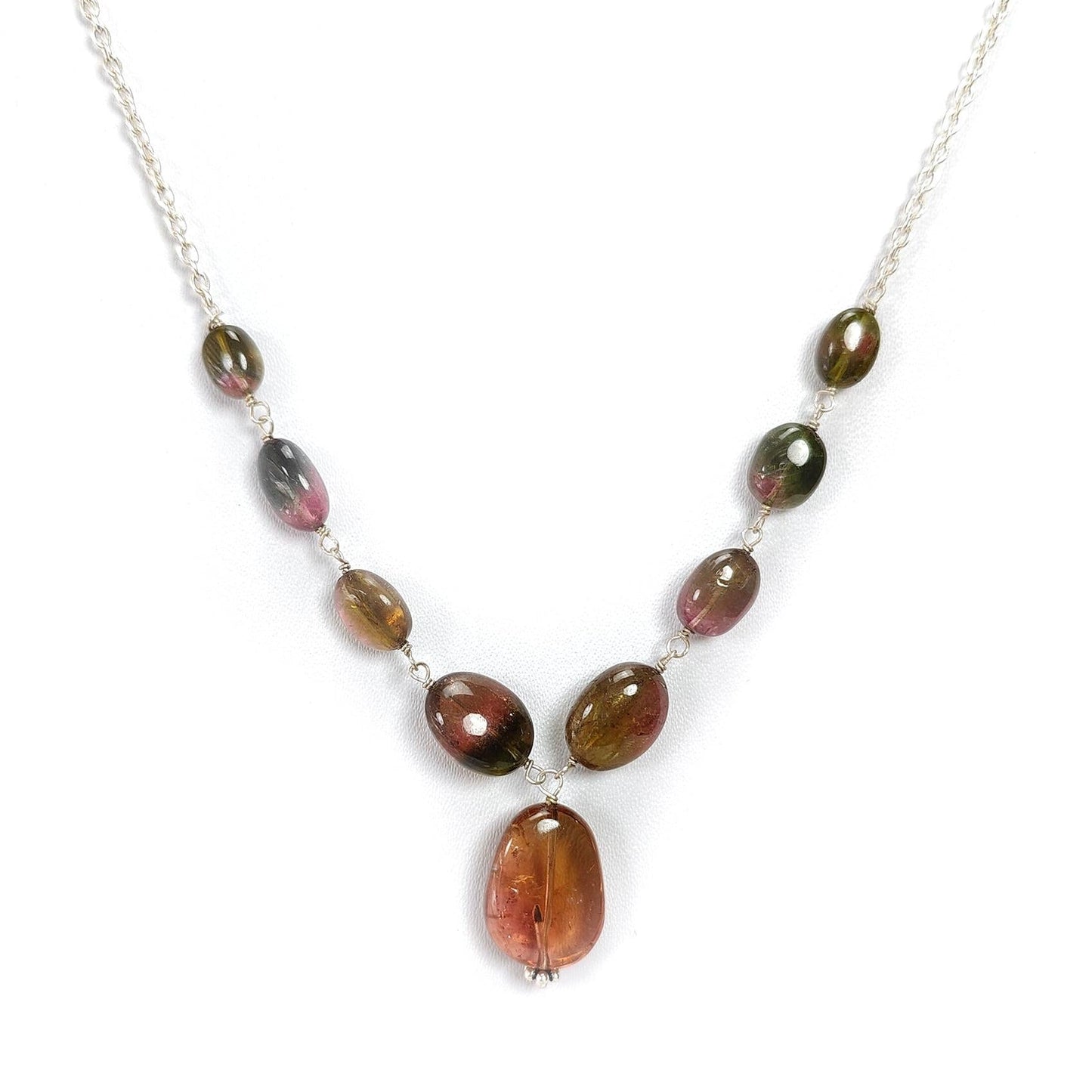 Watermelon Tourmaline Beads Chain Necklace: 49.20cts Natural Untreated Tourmaline 925 Sterling Silver Plain Oval 7*6.5mm - 15*12mm 21"