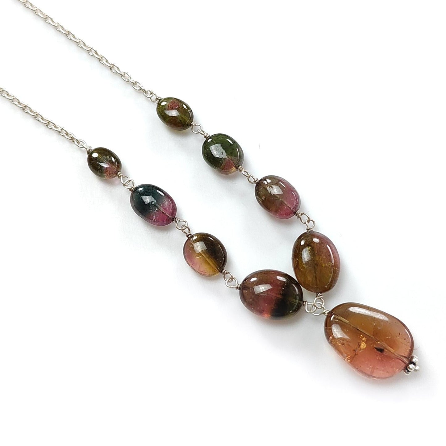 Watermelon Tourmaline Beads Chain Necklace: 49.20cts Natural Untreated Tourmaline 925 Sterling Silver Plain Oval 7*6.5mm - 15*12mm 21"