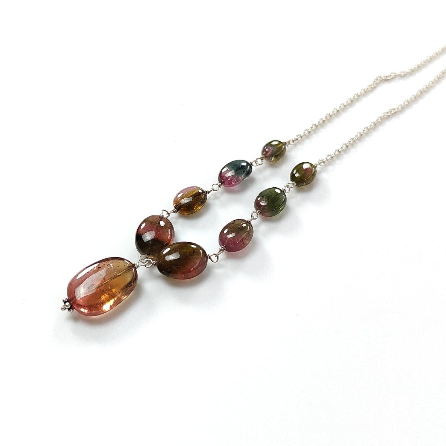 Watermelon Tourmaline Beads Chain Necklace: 49.20cts Natural Untreated Tourmaline 925 Sterling Silver Plain Oval 7*6.5mm - 15*12mm 21"