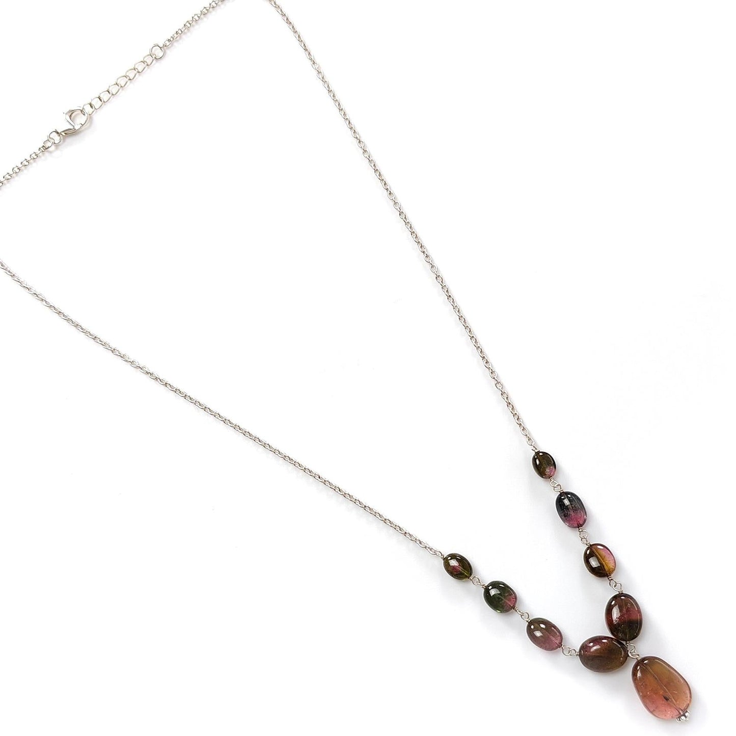 Watermelon Tourmaline Beads Chain Necklace: 49.20cts Natural Untreated Tourmaline 925 Sterling Silver Plain Oval 7*6.5mm - 15*12mm 21"