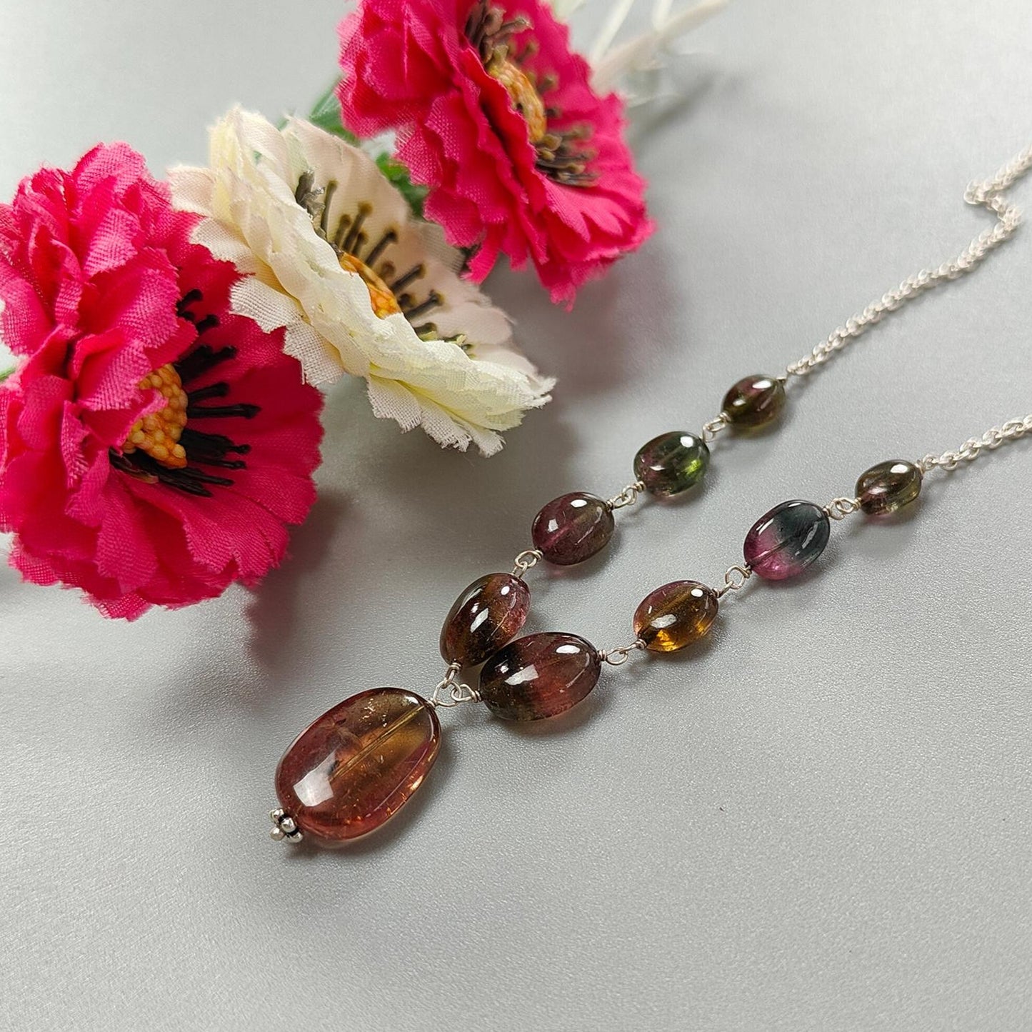 Watermelon Tourmaline Beads Chain Necklace: 49.20cts Natural Untreated Tourmaline 925 Sterling Silver Plain Oval 7*6.5mm - 15*12mm 21"