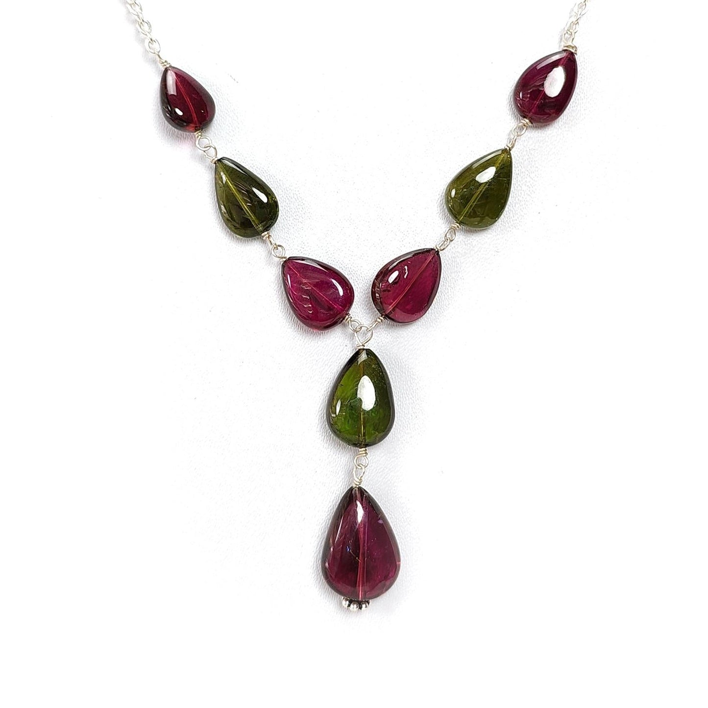 Watermelon Rubellite Tourmaline Beads Chain Necklace: 50.50cts Natural Untreated Tourmaline 925 Silver Plain Oval 9*7.5mm - 15*11mm 22"