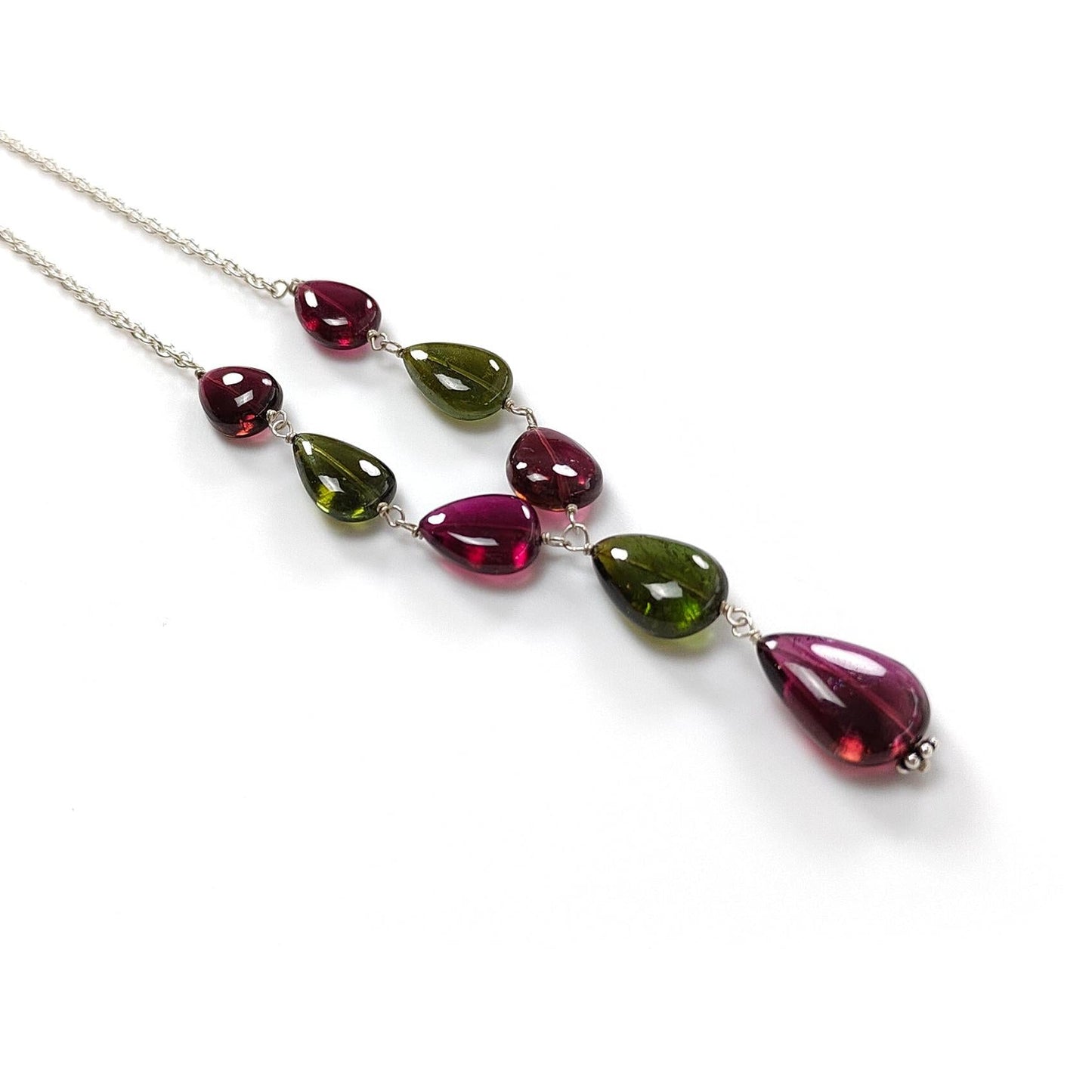 Watermelon Rubellite Tourmaline Beads Chain Necklace: 50.50cts Natural Untreated Tourmaline 925 Silver Plain Oval 9*7.5mm - 15*11mm 22"