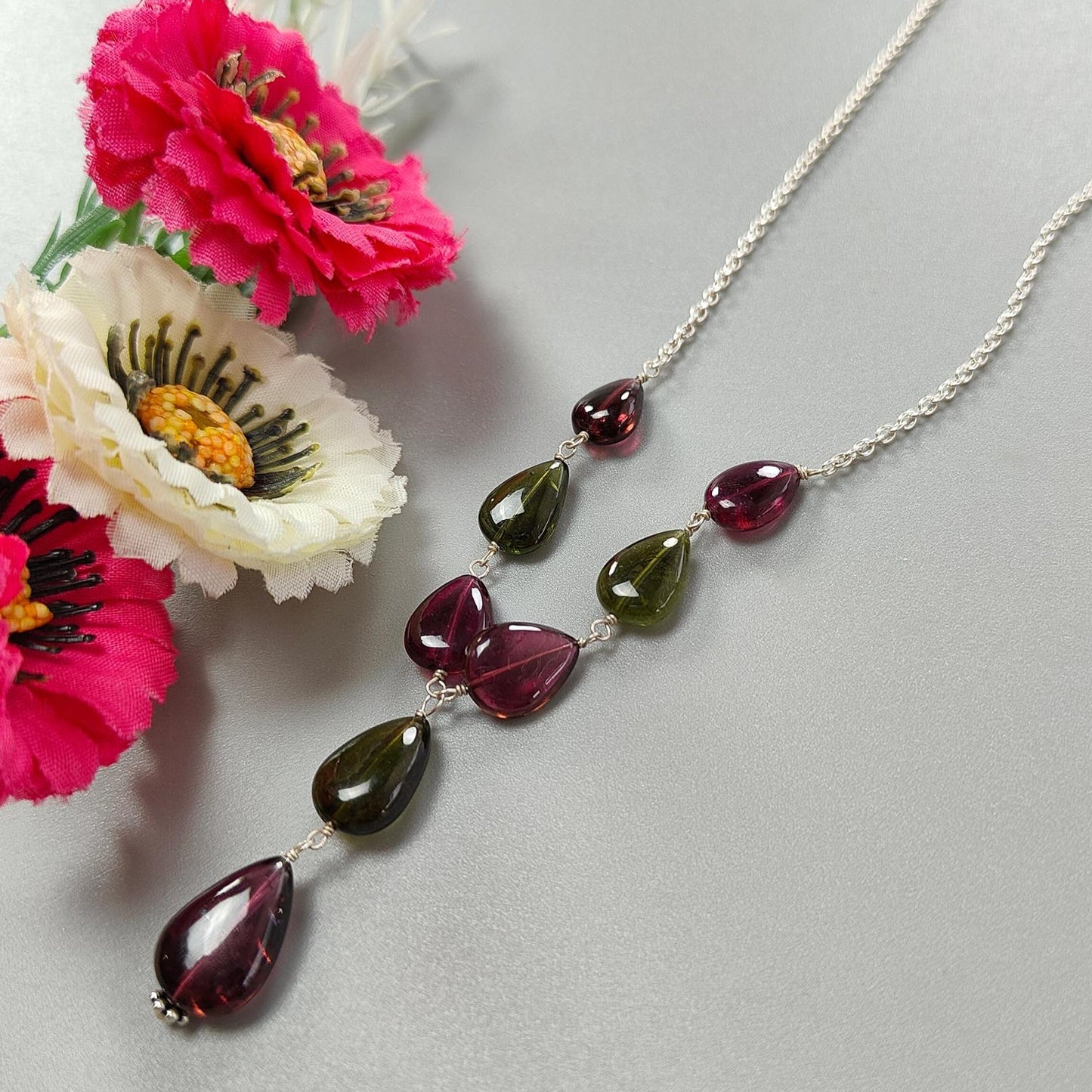 Watermelon Rubellite Tourmaline Beads Chain Necklace: 50.50cts Natural Untreated Tourmaline 925 Silver Plain Oval 9*7.5mm - 15*11mm 22"