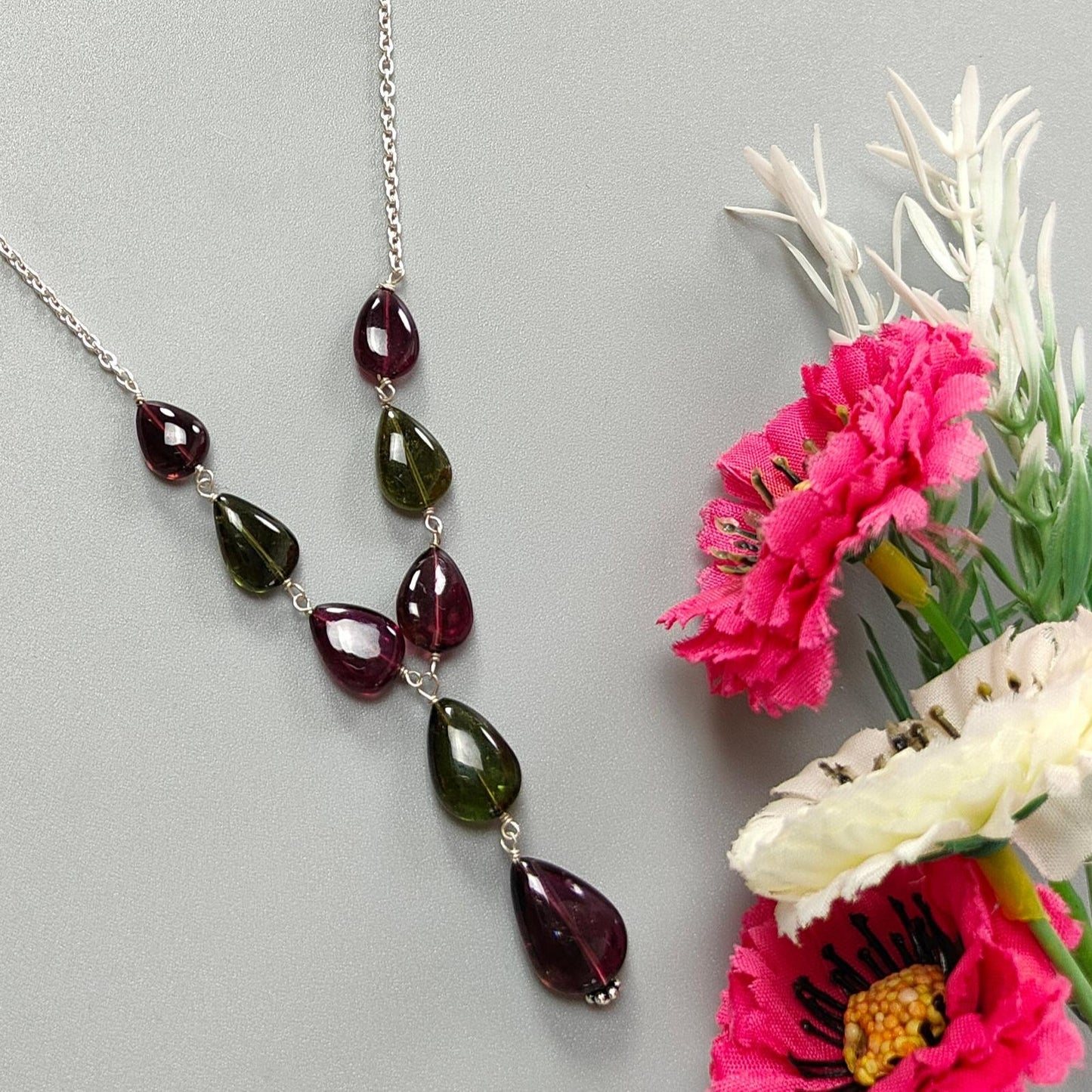 Watermelon Rubellite Tourmaline Beads Chain Necklace: 50.50cts Natural Untreated Tourmaline 925 Silver Plain Oval 9*7.5mm - 15*11mm 22"