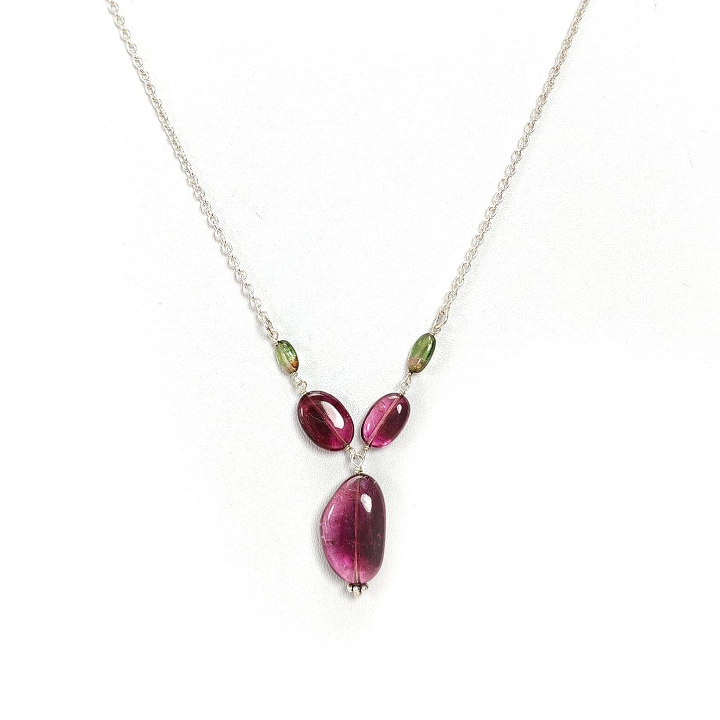 Rubellite Green Tourmaline Beads Chain Necklace: 43.10cts Natural Untreated Tourmaline 925 Sterling Silver Plain Oval 7*4mm - 17.5*12mm 22"