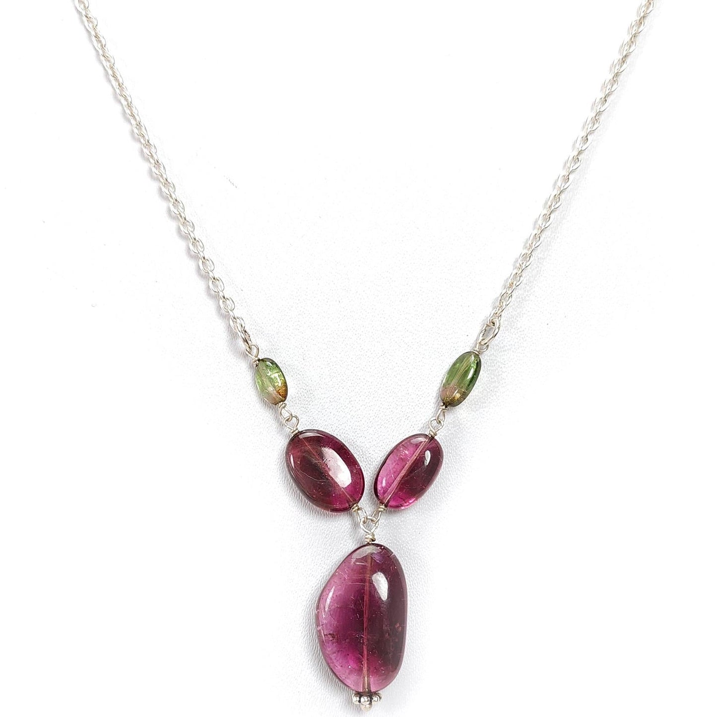Rubellite Green Tourmaline Beads Chain Necklace: 43.10cts Natural Untreated Tourmaline 925 Sterling Silver Plain Oval 7*4mm - 17.5*12mm 22"