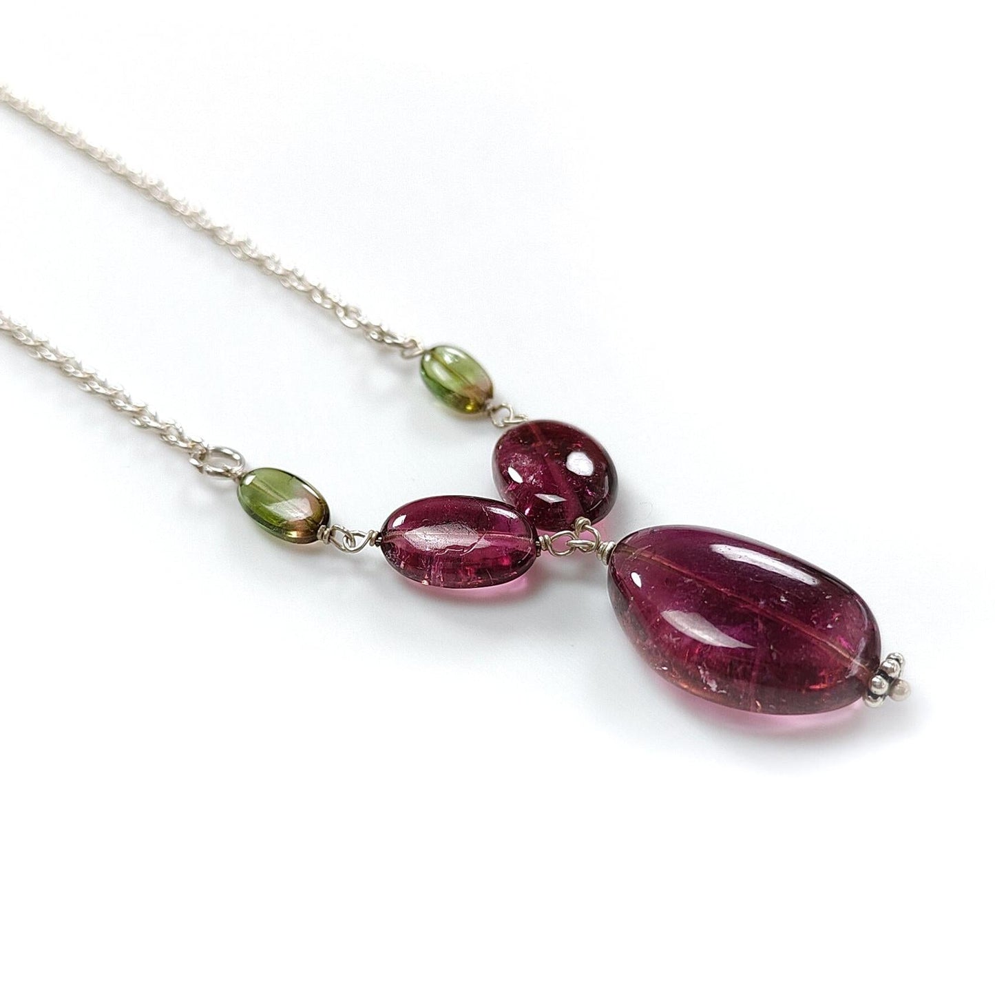 Rubellite Green Tourmaline Beads Chain Necklace: 43.10cts Natural Untreated Tourmaline 925 Sterling Silver Plain Oval 7*4mm - 17.5*12mm 22"