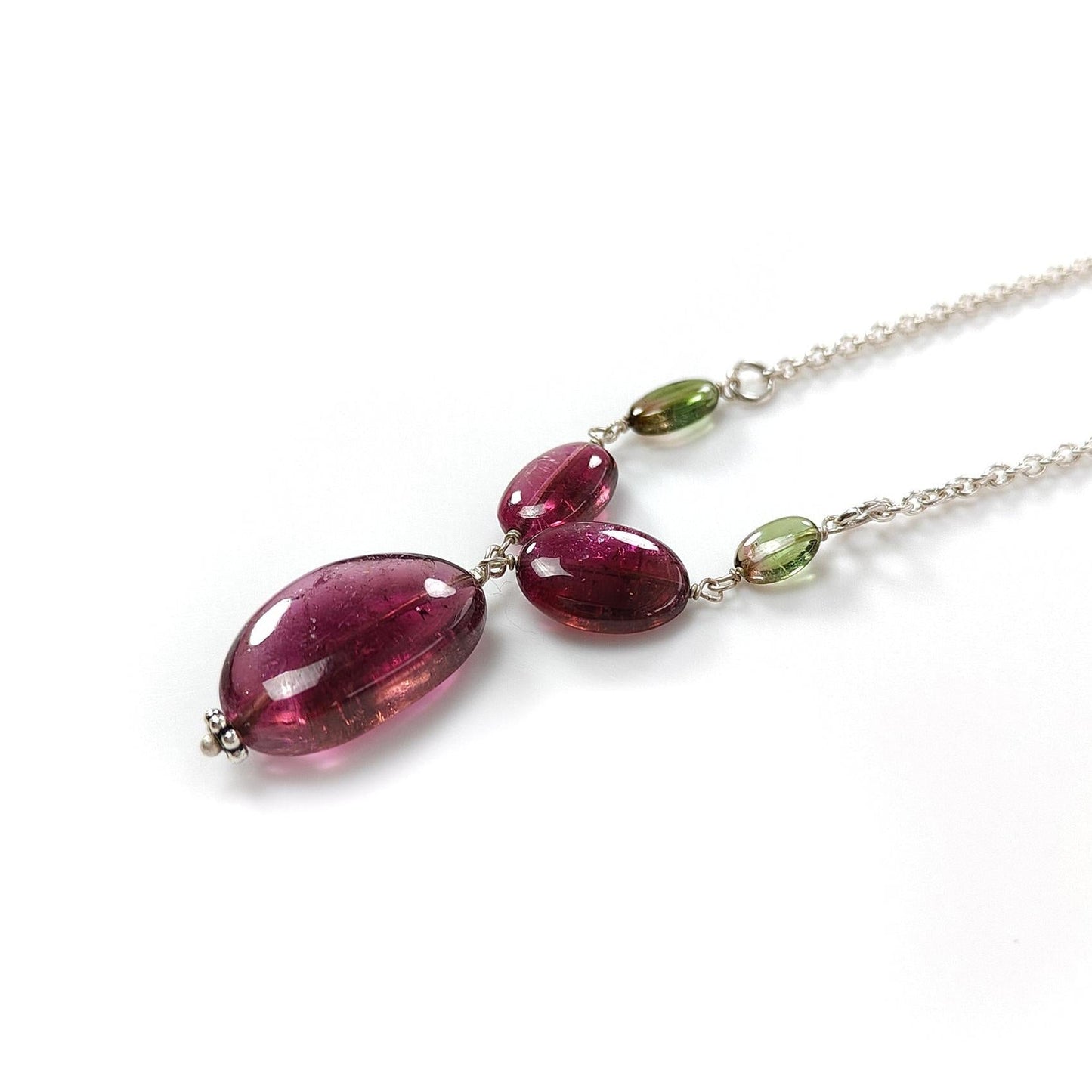 Rubellite Green Tourmaline Beads Chain Necklace: 43.10cts Natural Untreated Tourmaline 925 Sterling Silver Plain Oval 7*4mm - 17.5*12mm 22"