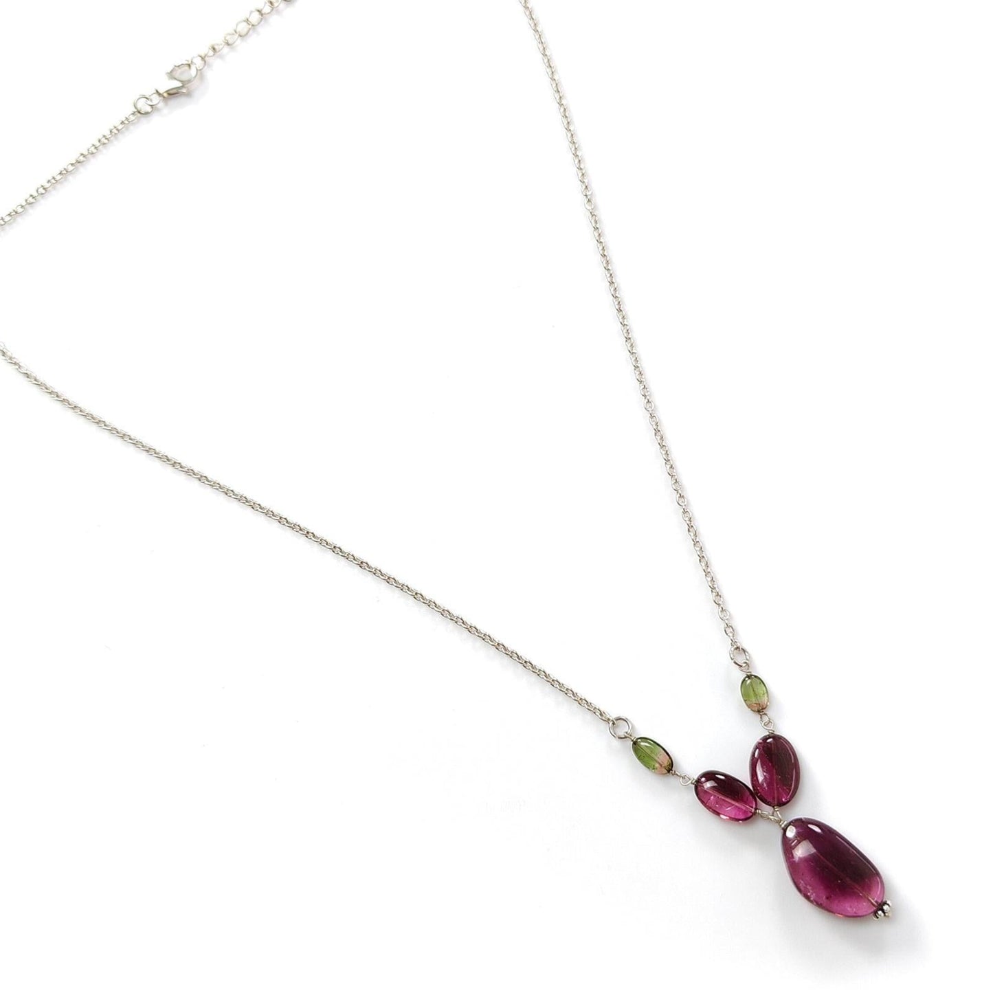 Rubellite Green Tourmaline Beads Chain Necklace: 43.10cts Natural Untreated Tourmaline 925 Sterling Silver Plain Oval 7*4mm - 17.5*12mm 22"