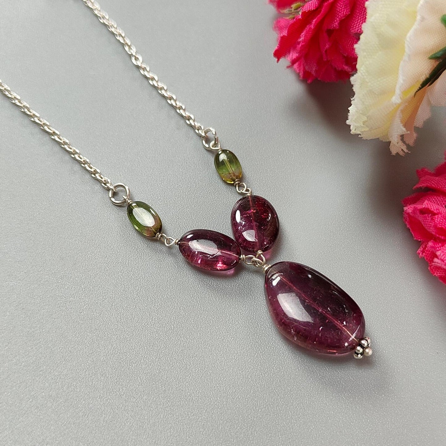 Rubellite Green Tourmaline Beads Chain Necklace: 43.10cts Natural Untreated Tourmaline 925 Sterling Silver Plain Oval 7*4mm - 17.5*12mm 22"