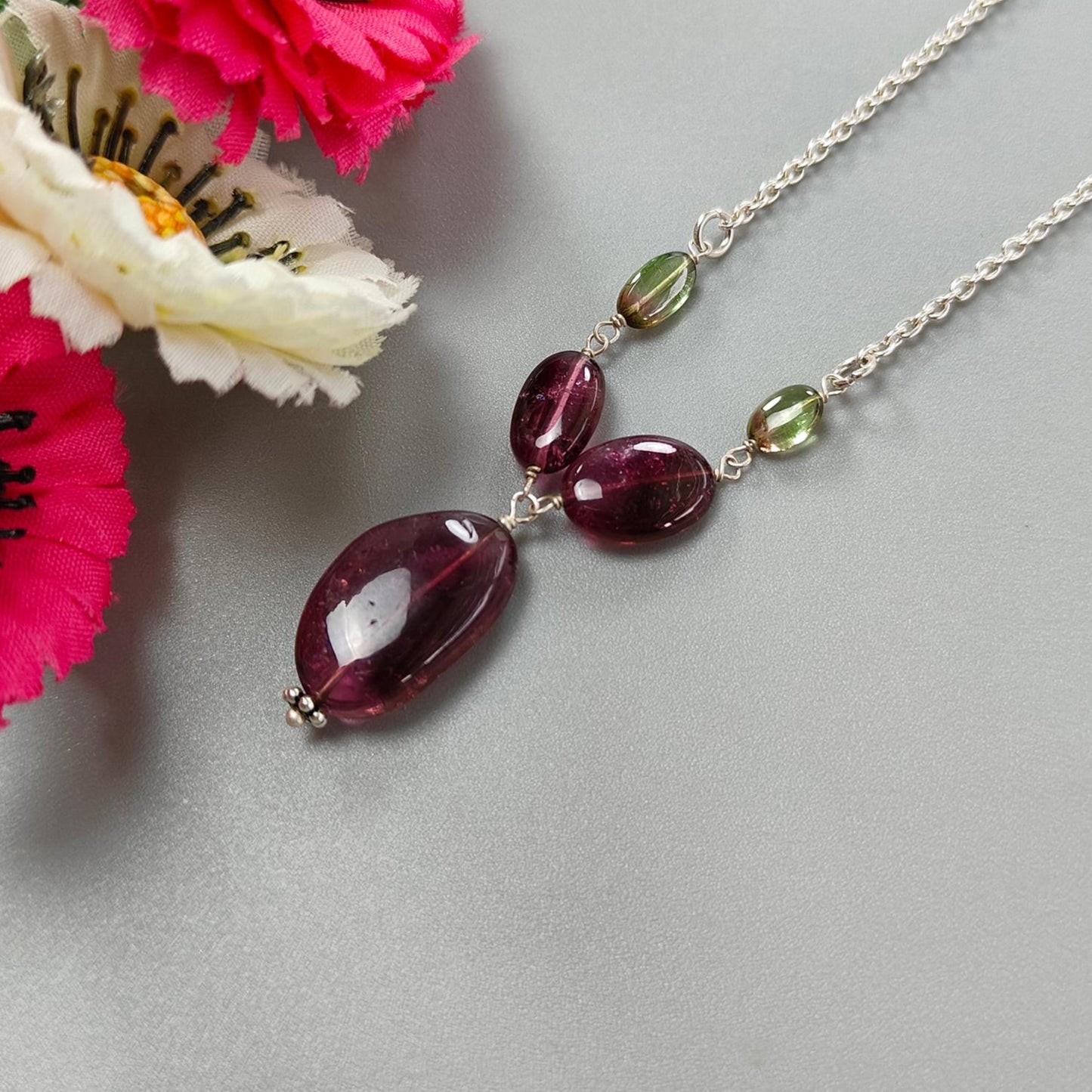 Rubellite Green Tourmaline Beads Chain Necklace: 43.10cts Natural Untreated Tourmaline 925 Sterling Silver Plain Oval 7*4mm - 17.5*12mm 22"