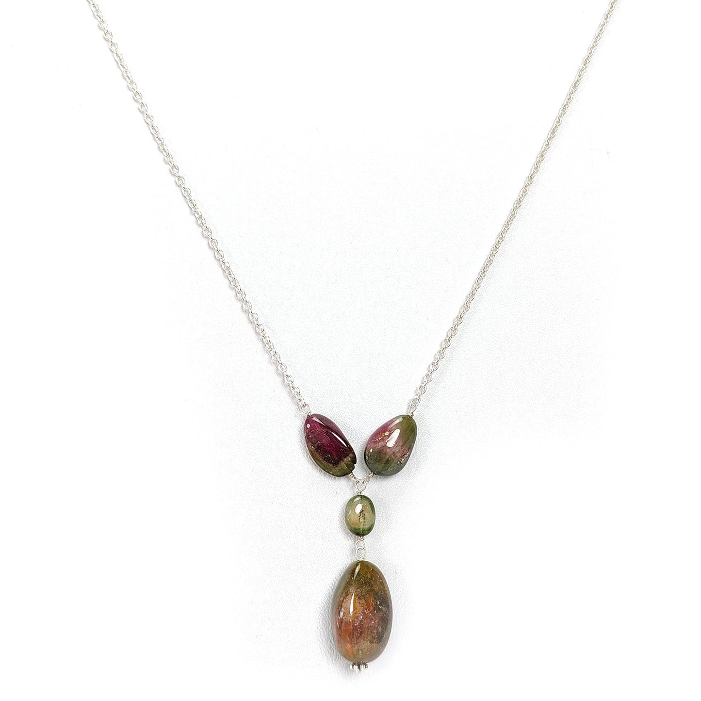 Watermelon Tourmaline Beads Chain Necklace: 58.25cts Natural Untreated Tourmaline 925 Sterling Silver Plain Oval 8*7.5mm - 21*13mm 22"