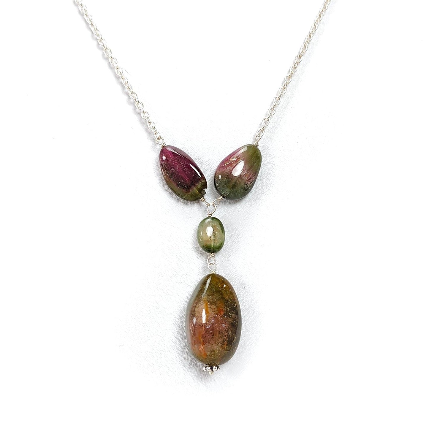 Watermelon Tourmaline Beads Chain Necklace: 58.25cts Natural Untreated Tourmaline 925 Sterling Silver Plain Oval 8*7.5mm - 21*13mm 22"