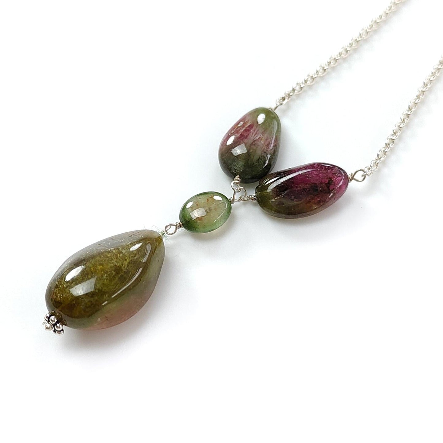 Watermelon Tourmaline Beads Chain Necklace: 58.25cts Natural Untreated Tourmaline 925 Sterling Silver Plain Oval 8*7.5mm - 21*13mm 22"