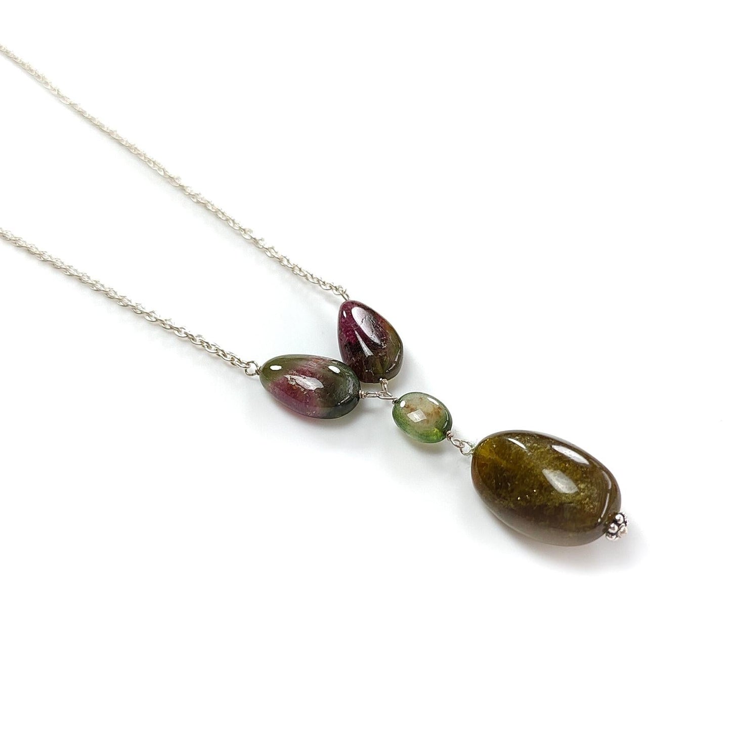 Watermelon Tourmaline Beads Chain Necklace: 58.25cts Natural Untreated Tourmaline 925 Sterling Silver Plain Oval 8*7.5mm - 21*13mm 22"