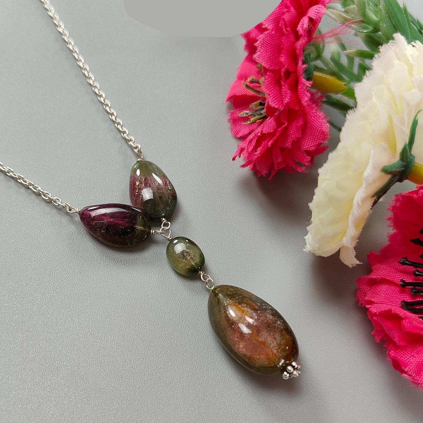 Watermelon Tourmaline Beads Chain Necklace: 58.25cts Natural Untreated Tourmaline 925 Sterling Silver Plain Oval 8*7.5mm - 21*13mm 22"