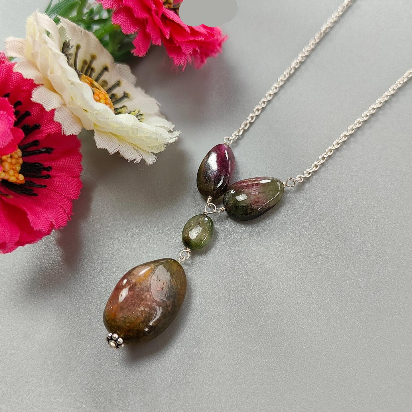 Watermelon Tourmaline Beads Chain Necklace: 58.25cts Natural Untreated Tourmaline 925 Sterling Silver Plain Oval 8*7.5mm - 21*13mm 22"