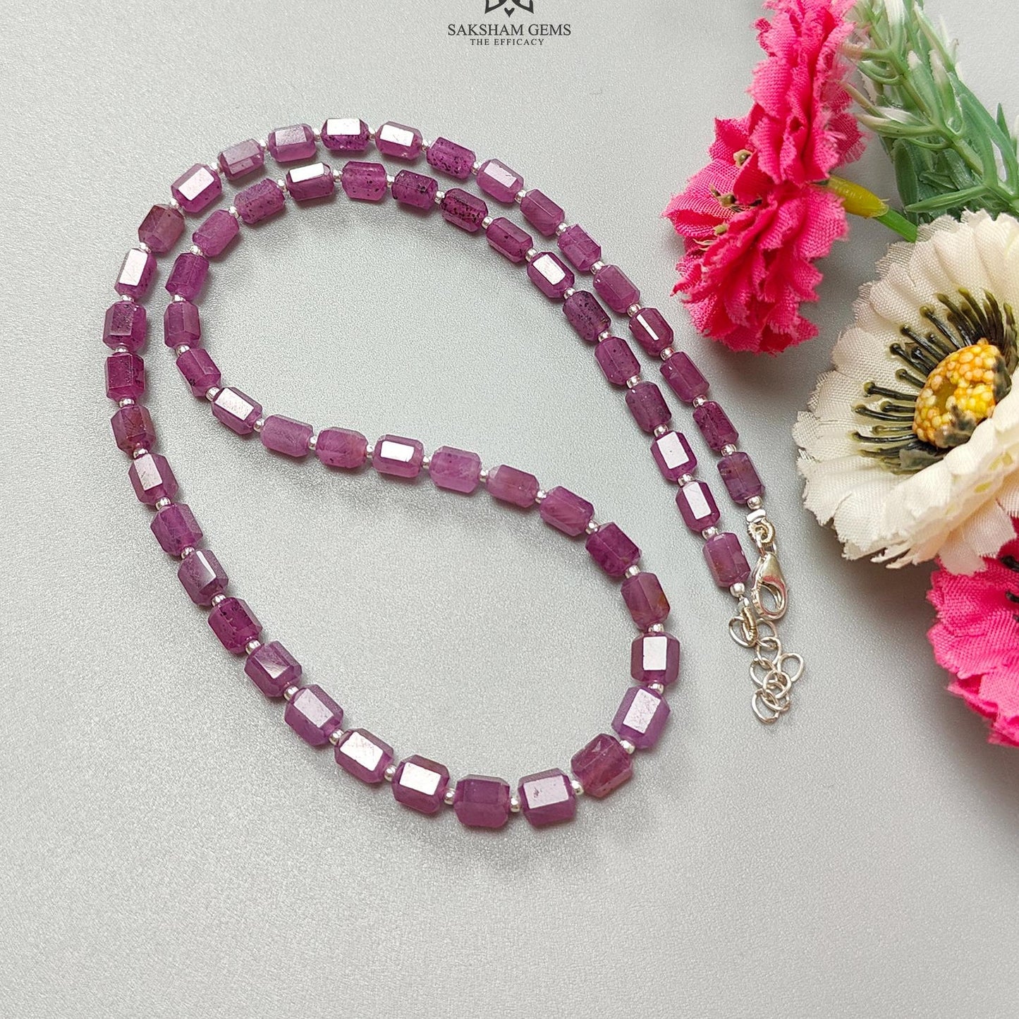 Raspberry Purple Ruby Faceted Beads Necklace: 94.05cts Natural Untreated Ruby 925 Sterling Silver Fancy Shape 6mm 16"
