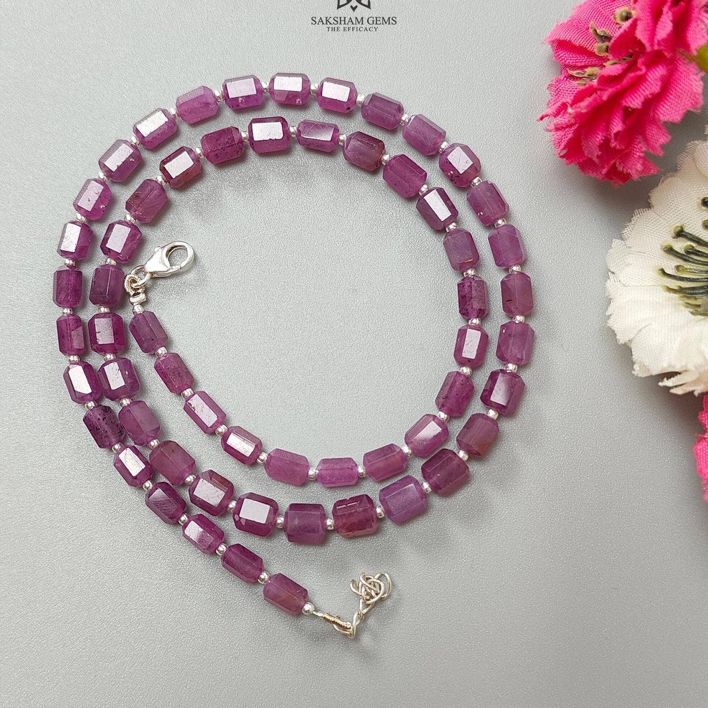 Raspberry Purple Ruby Faceted Beads Necklace: 94.05cts Natural Untreated Ruby 925 Sterling Silver Fancy Shape 6mm 16"