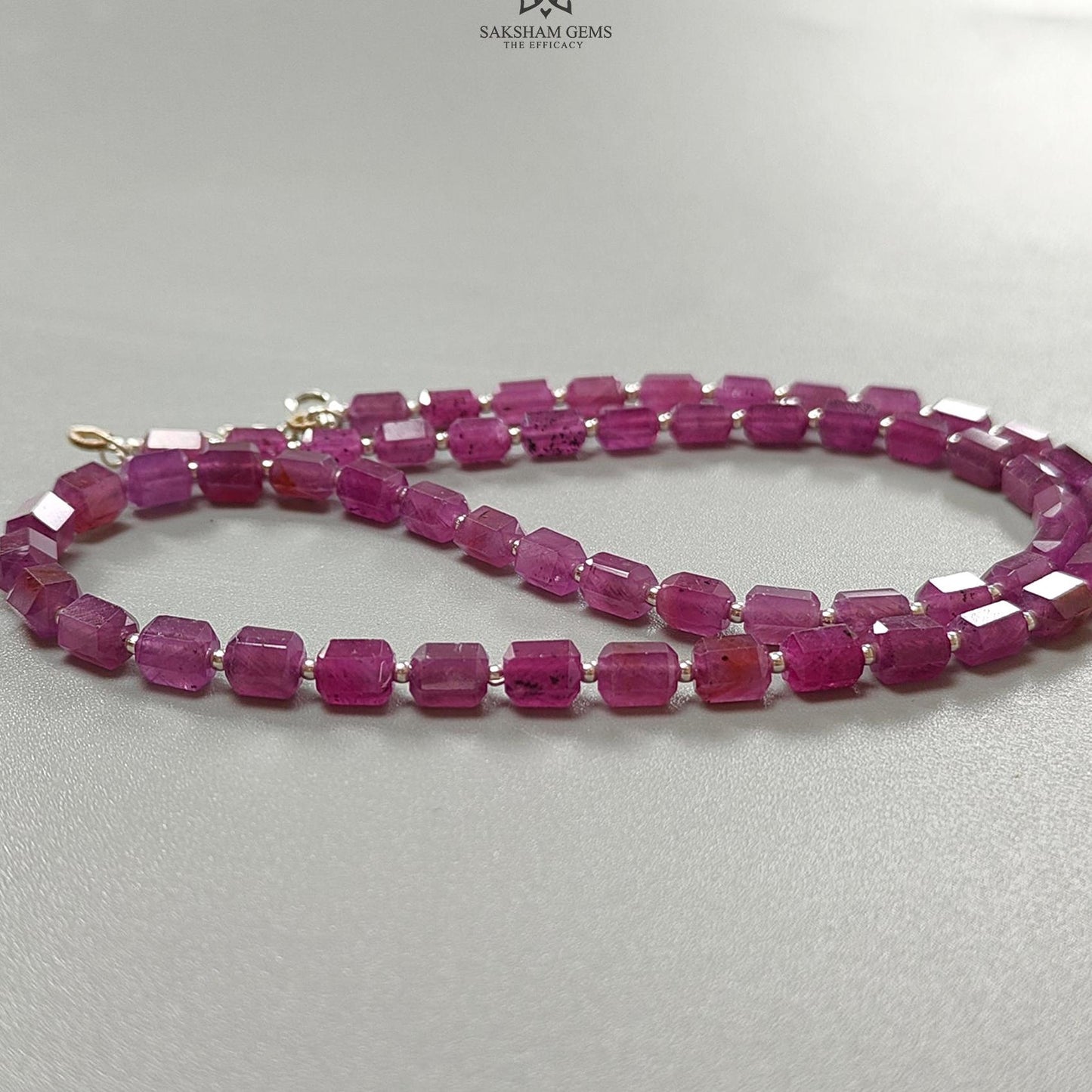 Raspberry Purple Ruby Faceted Beads Necklace: 94.05cts Natural Untreated Ruby 925 Sterling Silver Fancy Shape 6mm 16"